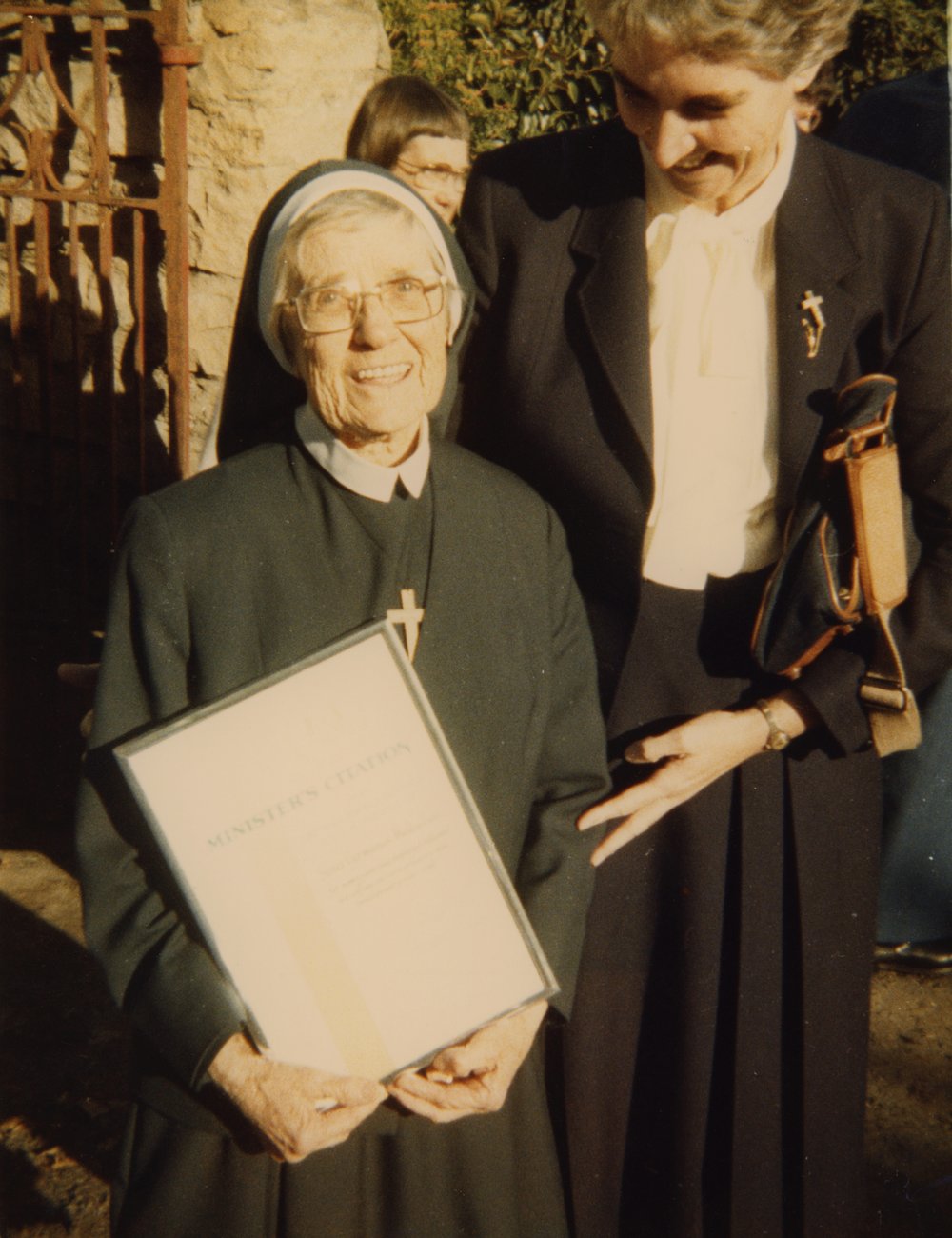  Sr Germanus McQuillan (left) with Sr Mary Maguire at The Norma Parker Centre, Parramatta on the occasion of Sr Germanus receiving a NSW Minister’s Citation for her dedicated service to prisoners, their families and prison staff, 1985.  