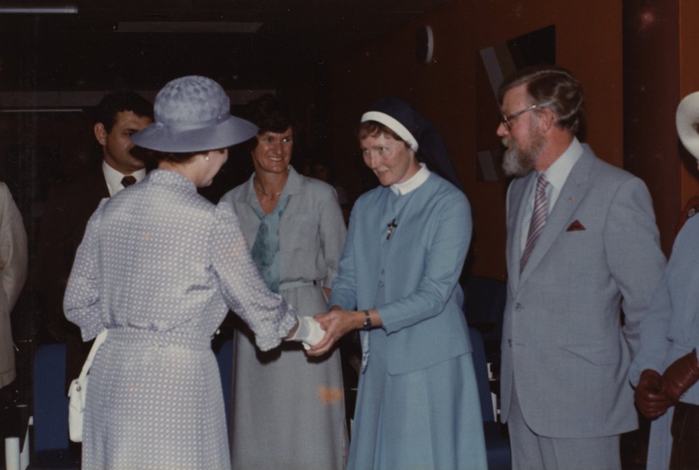  Sr Regina Millard meeting Queen Elizabeth II at the opening of Mt Druitt Hospital, 11 October 1982 