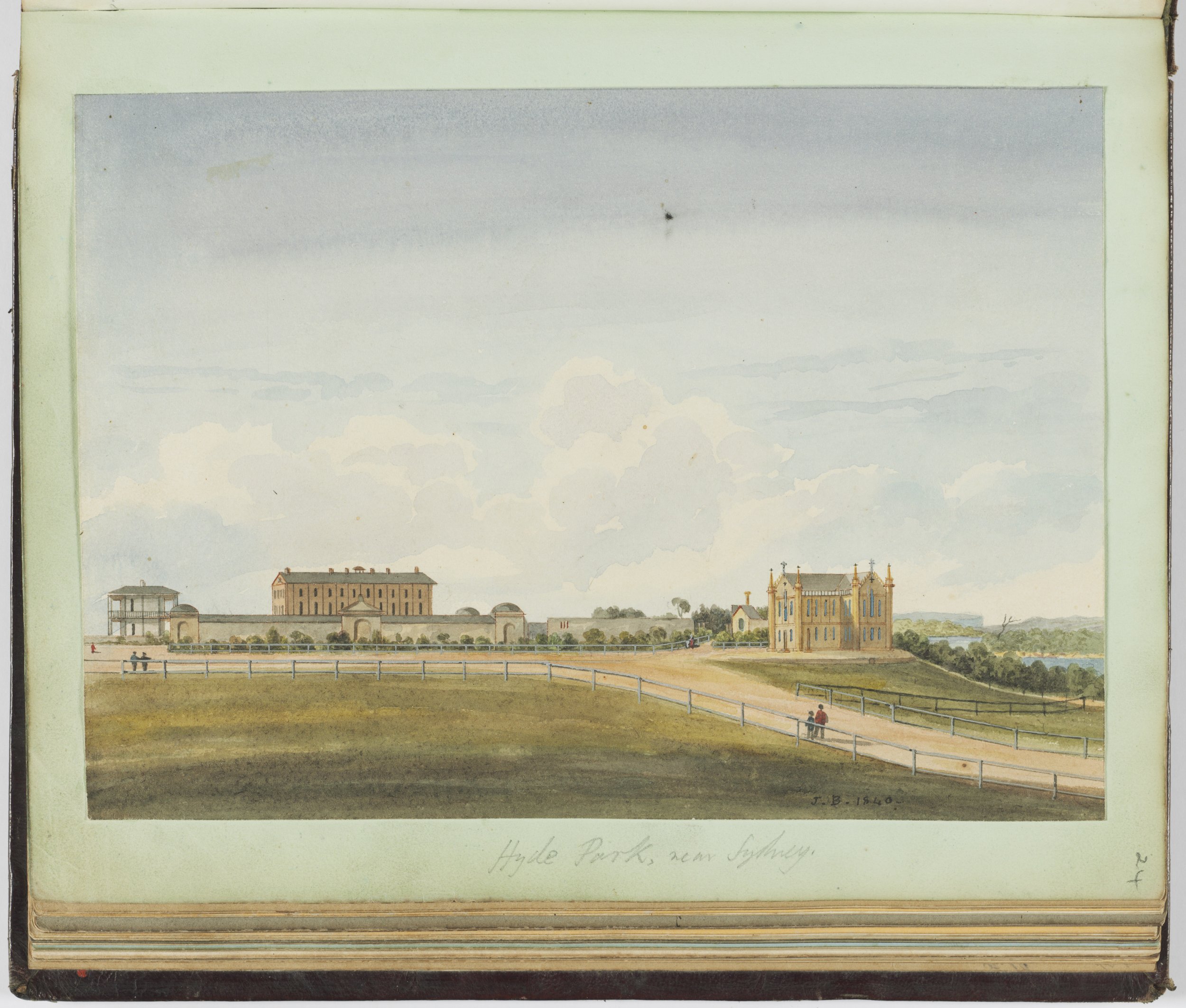  Hyde Park, near Sydney. Watercolour drawing depicting from left to right Sydney Hospital, Hyde Park Barracks, St Mary's Cathedral, with glimpse of harbour, initialled "J.B. 1840." Compiled by Richard Jones. Mitchell Library, State Library of New Sou