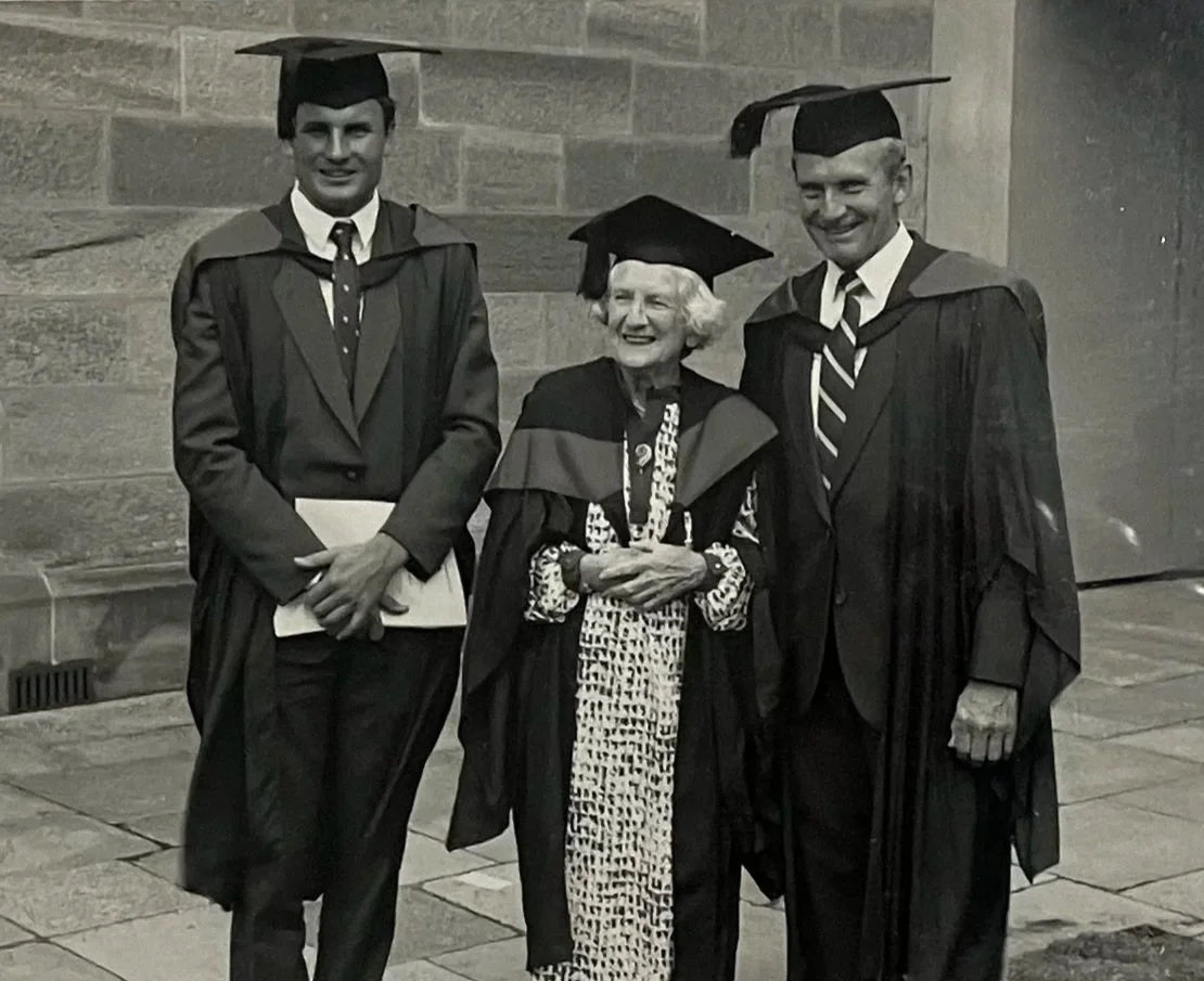 Three generations at Dr Peter Jones' graduation University of Sydney 1988, with Dr Margaret Jones and Dr Brian Jones. [Image courtesy of Peter Jones]