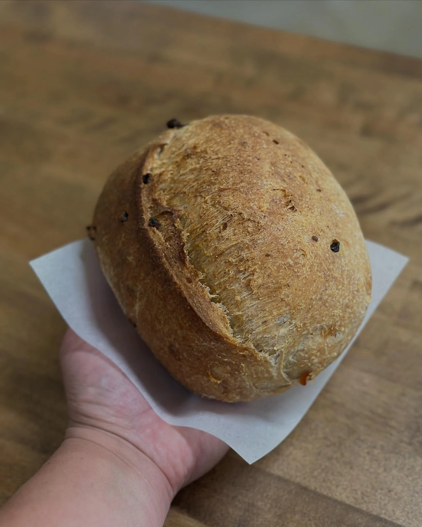 Our new rotating petit sourdough, Brown Butter and Corn Sourdough. Because of the brown butter and cornmeal the crumb is tender, reminiscent of cornbread, but it is still bready and crusty like a sourdough. Using local corn from @baumanfarms that we 