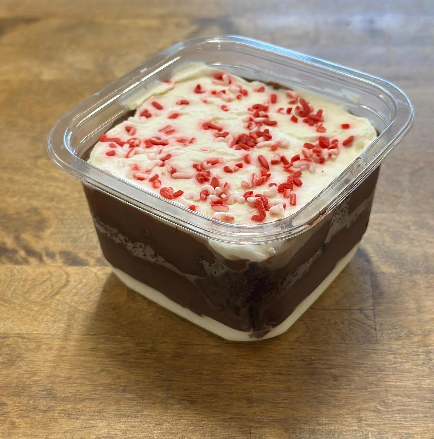 Our newest seasonal trifle, Triple Chocolate Peppermint Trifle. Super soft and moist chocolate cake, dark chocolate ganache, peppermint white chocolate cream, and peppermint sprinkles.