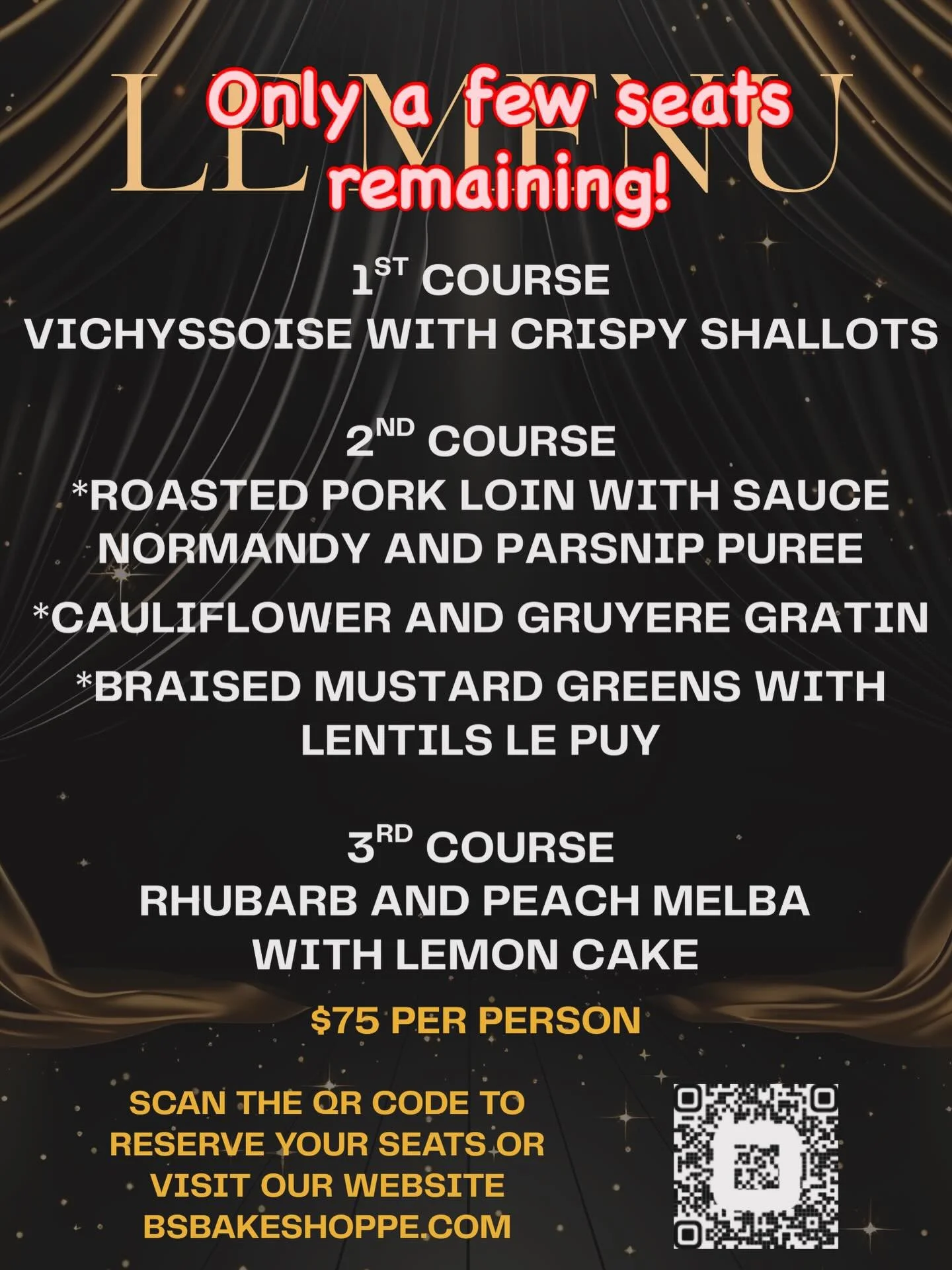 There are only a few seats remaining for dinner on Saturday night. Book ASAP if you want in!