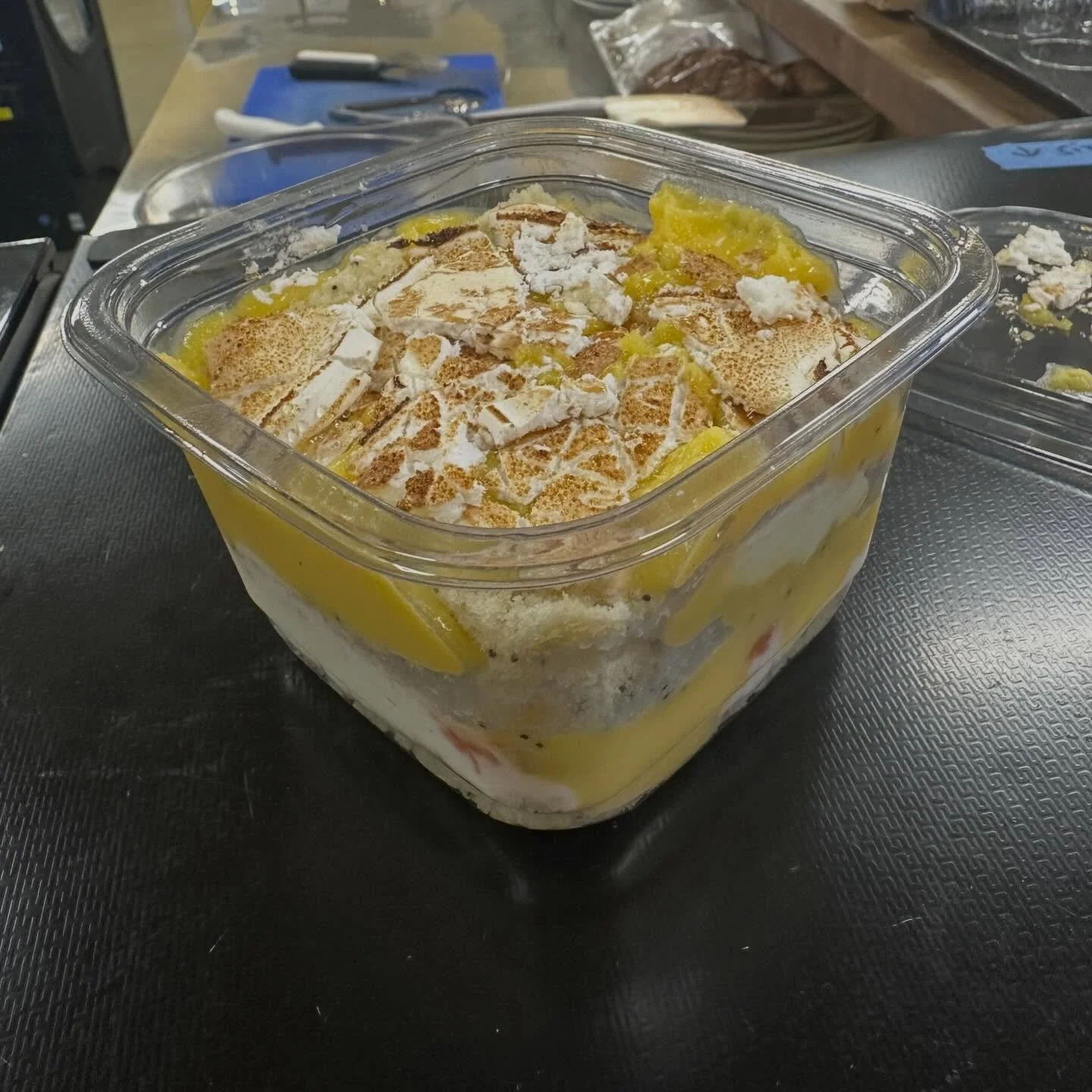 Our newest seasonal trifle, Citrus Meringue! Poppyseed cake, Meyer lemon curd, blood orange segments, white chocolate cream, and chewy meringue all layered together.