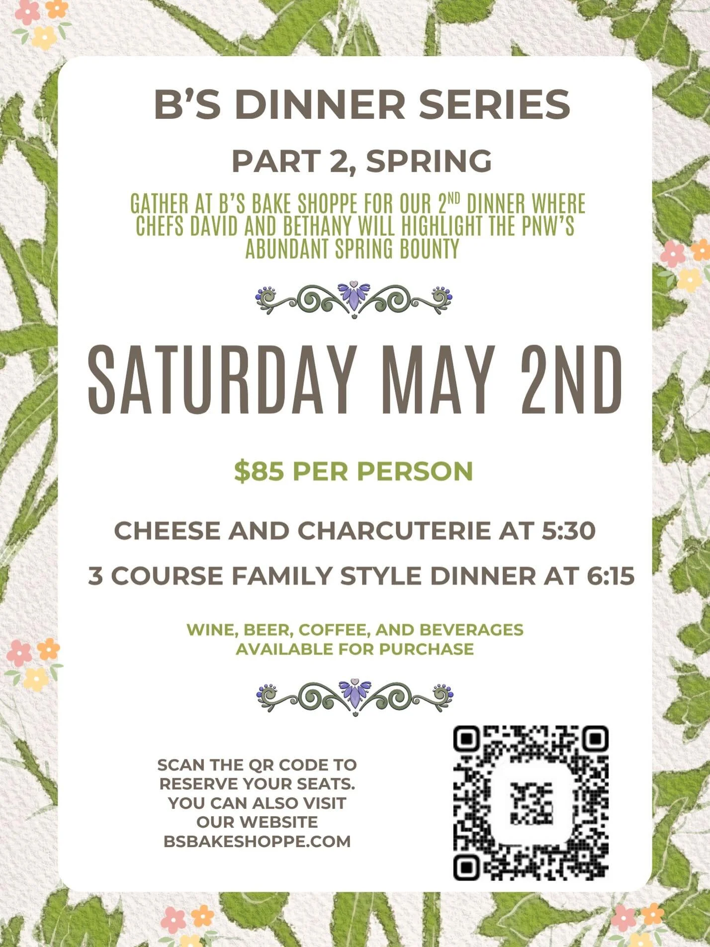 The menu and reservations are live for our next dinner on Saturday May 2nd!