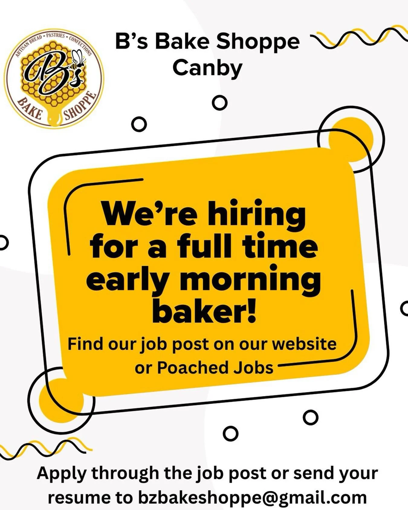 We&rsquo;re hiring! Find our job post to apply at Poached Jobs, our website bsbakeshoppe.com, or send an email with a resume.