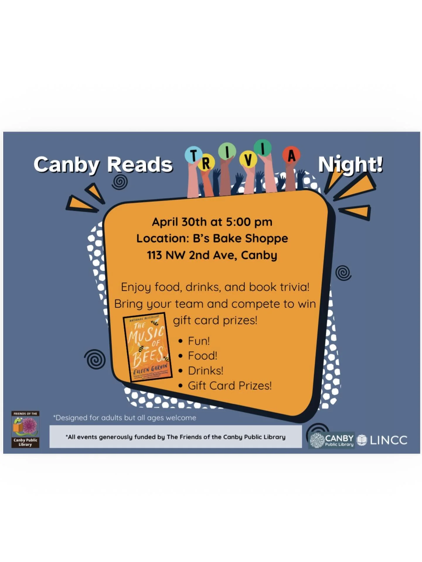 We are so excited to host @canbypubliclibrary Community Reads Trivia tonight about &ldquo;The Music of Bees&rdquo;!