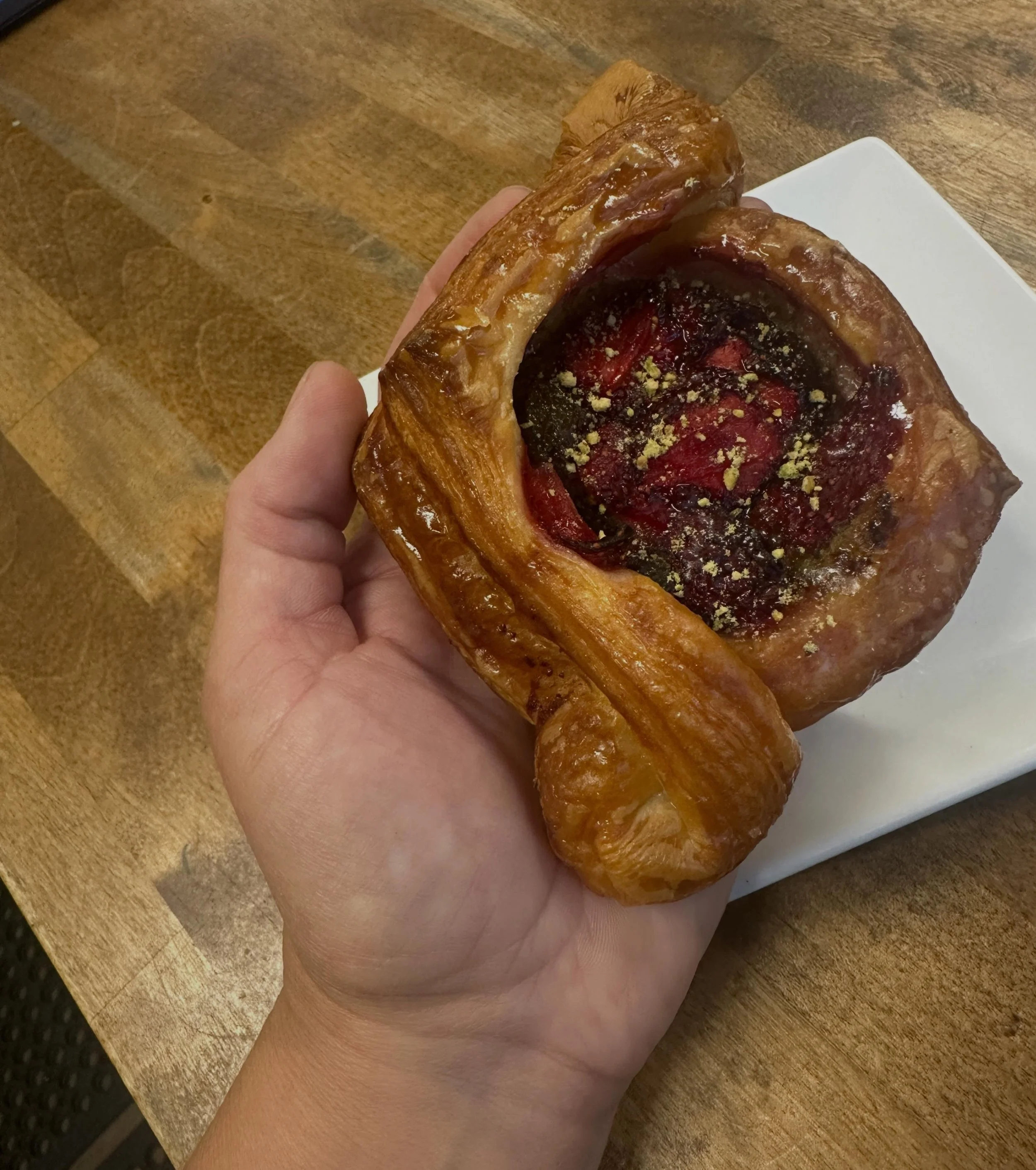 New Croissant: Strawberry and Pistachio. Strawberries from @southbarlowberries and a pistachio frangipane. It is like a real fancy peanut butter and jelly.