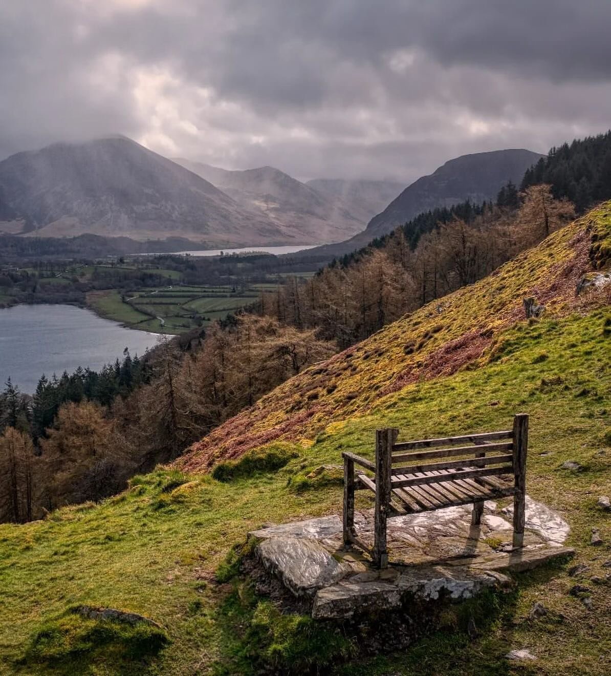 Seat with a View 

Who would you like to sit here with a while? 

A wonderful image captured by 📸@lakesrhino showing Sunshine and showers in our valley. A seat with a view illuminated by early morning light as the showers sweep through Crummock Wate