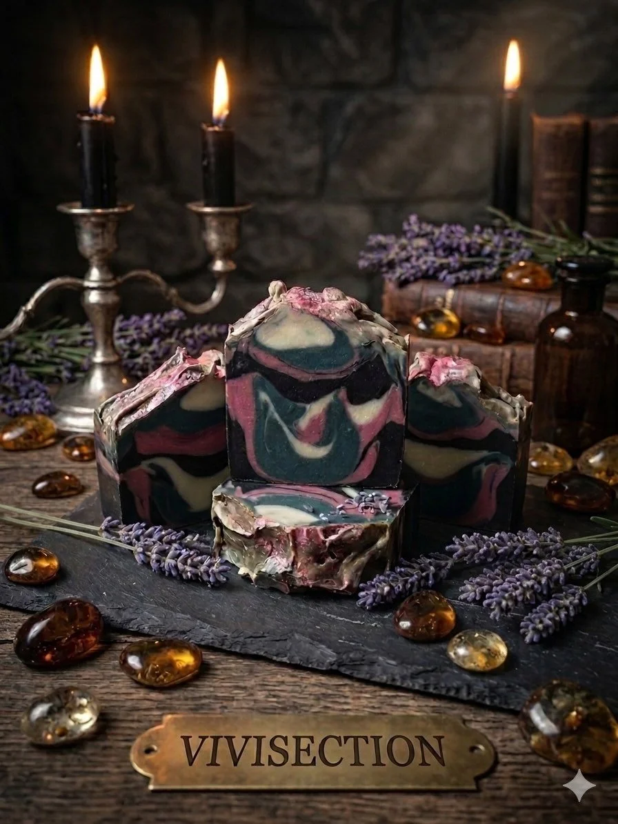 Made a fresh batch of VIVISECTION, this soap is fragranced Black Amber Lavender, a great scent that isn&rsquo;t your typical lavender!
#soap #coldprocesssoapmaking #gifts #gothic #smallcanadianbusiness