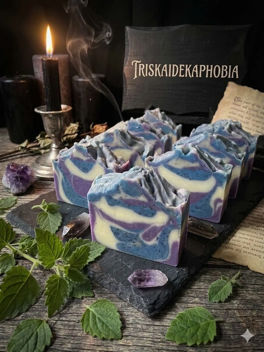 Fresh batch of TRISKAIDEKAPHOBIA (Fear of the Number 13) This fantastic bar is fragranced with Black Amethyst, a scent of patchouli,bergamot sandalwood and musk. It also contains poppy seeds for exfoliation. 

#winnipeg #smallbusiness #handmadesoap #
