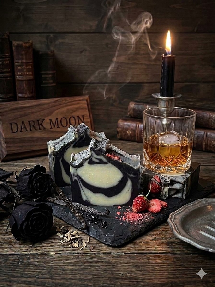 DARK MOON is a must try, Strawberry Bourbon Vanilla such a wonderful scent along with poppy seeds for exfoliation! 
Get your hands on some! 
#soap #coldprocesssoap #skincare #spooky #gifts