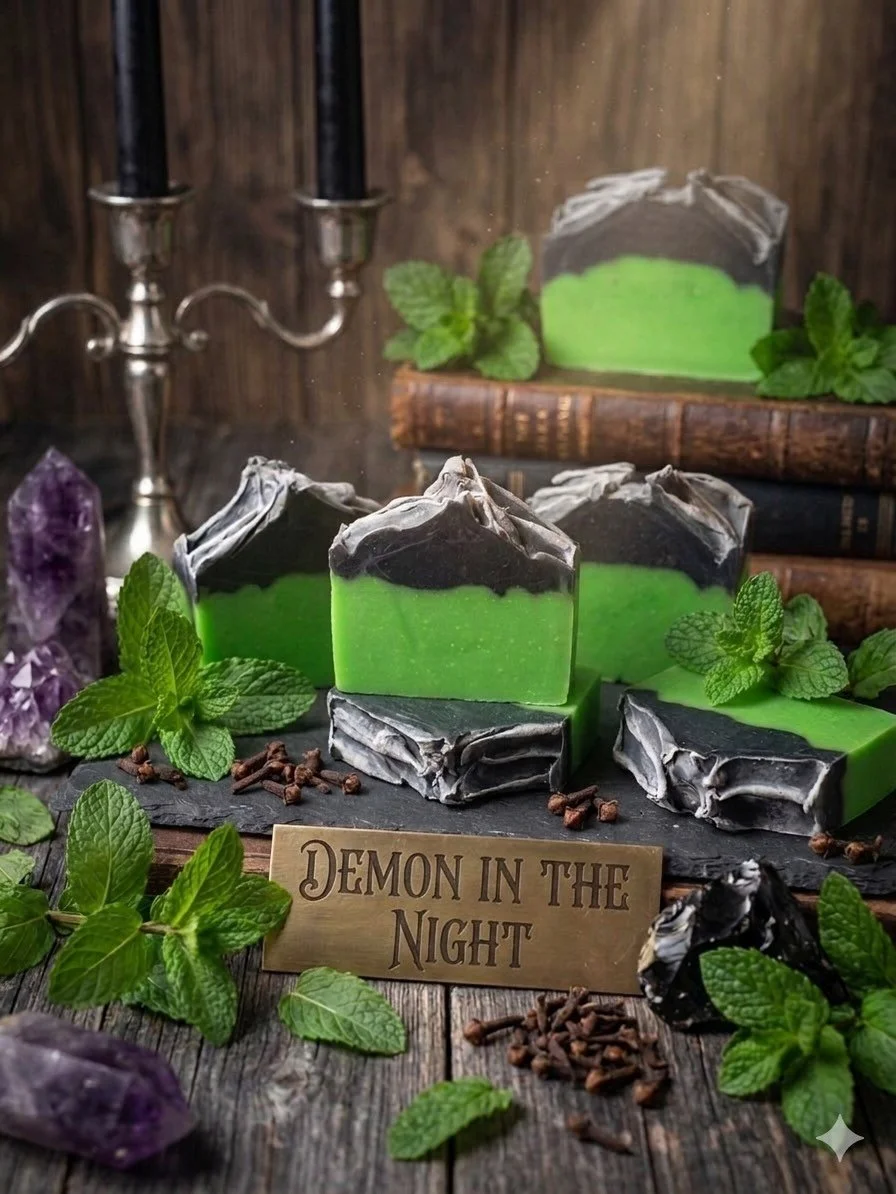 DEMON IN THE NIGHT this soap uses only essential oils. Spearmint, Peppermint and Clove. This invigorating scent is a great addition to your bathing routine, and with the addition of activated charcoal you will keep wanting to restock!

#handmade #soa