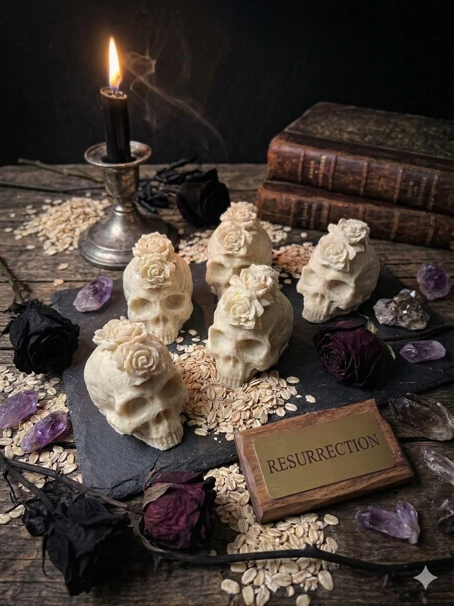 Oatmeal fragrance free soap, RESURRECTION is a great bar of you have sensitive skin. As will all bars they are made with Shea butter, Coconut Oil and Castor Oil. 

#sensitiveskin #gothic #shower #bath #spooky