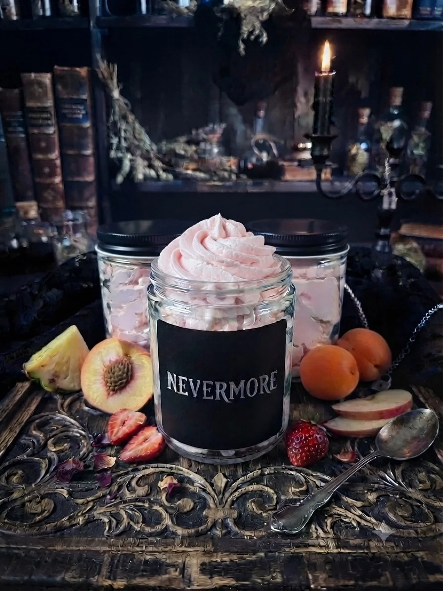 NEVERMORE this new Shea Body butter fragranced with Caribbean Breeze , a mixture of Apricot,peach, pineapple,strawberry and apple. 

Soon to be available 💀🖤

In the mean time check out the other 3 butters in the lineup!
FILTHYLITTLETHINGSOAPCO.CA
#