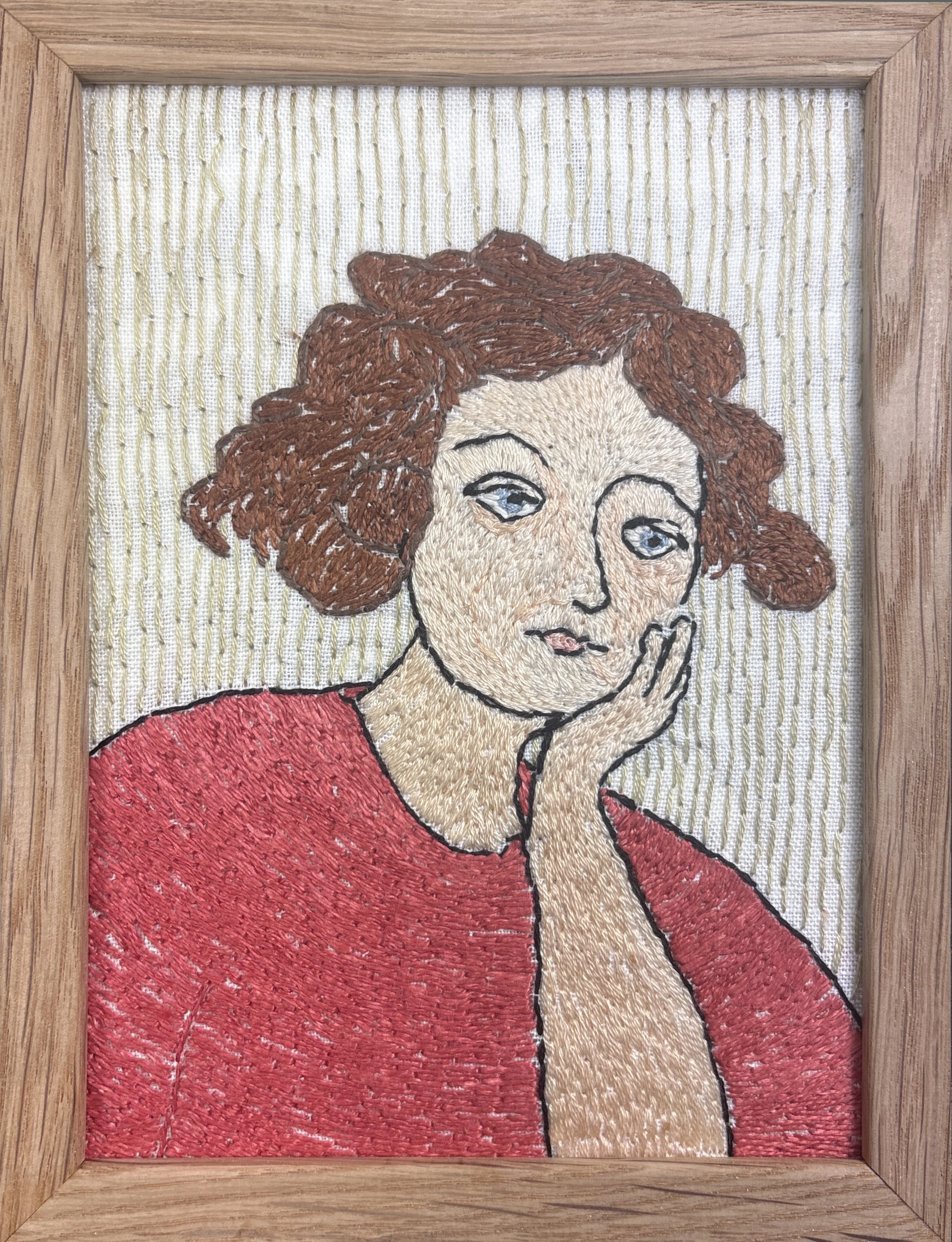 "Portrett kvinne 1", broderi på lin i treramme. 13x18cm, kr.1800