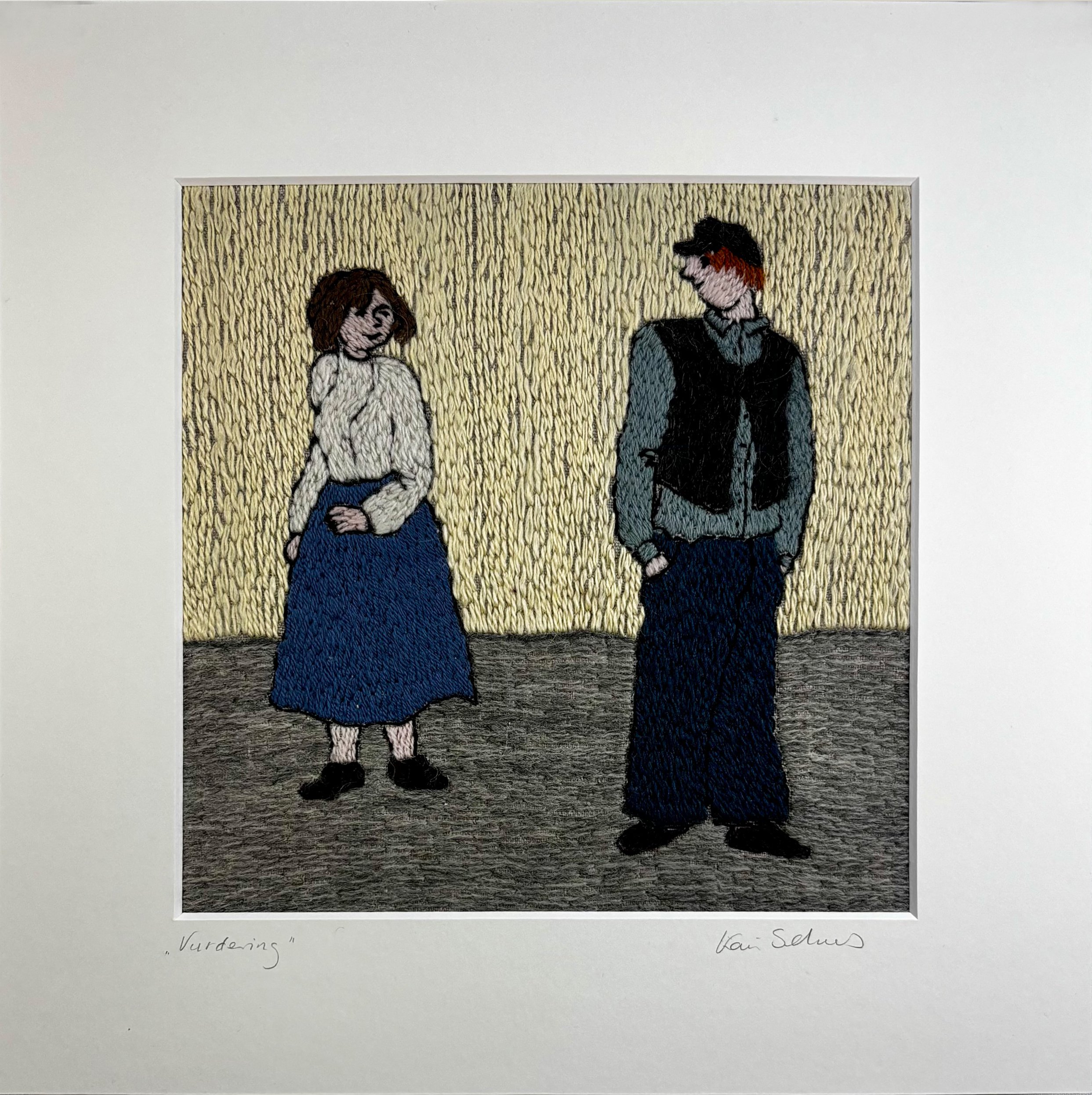 "Vurdering",  ullbroderi på lin med passepartout. 30x30cm, kr.3300.