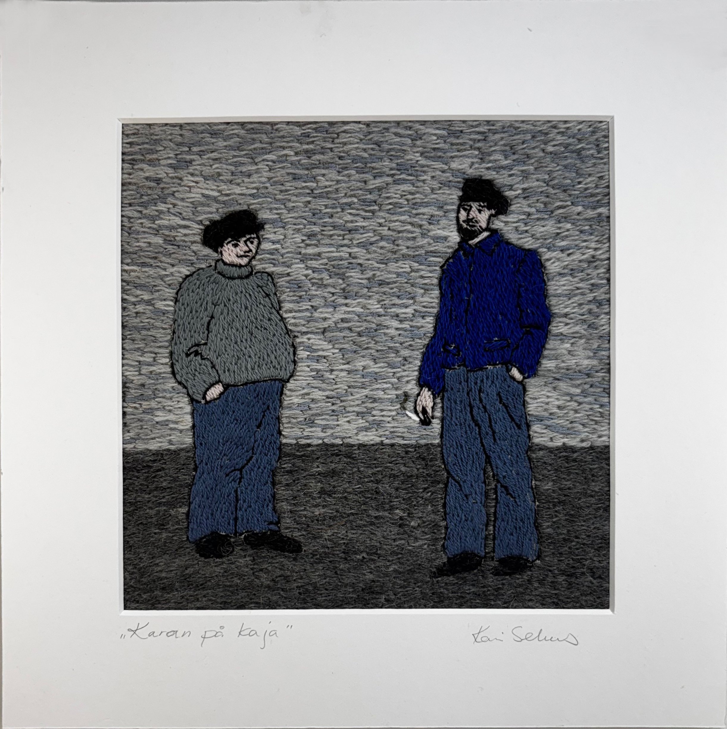 "Karan på kaia", ullbroderi på lin med passepartout. 30x30cm, kr.3300.