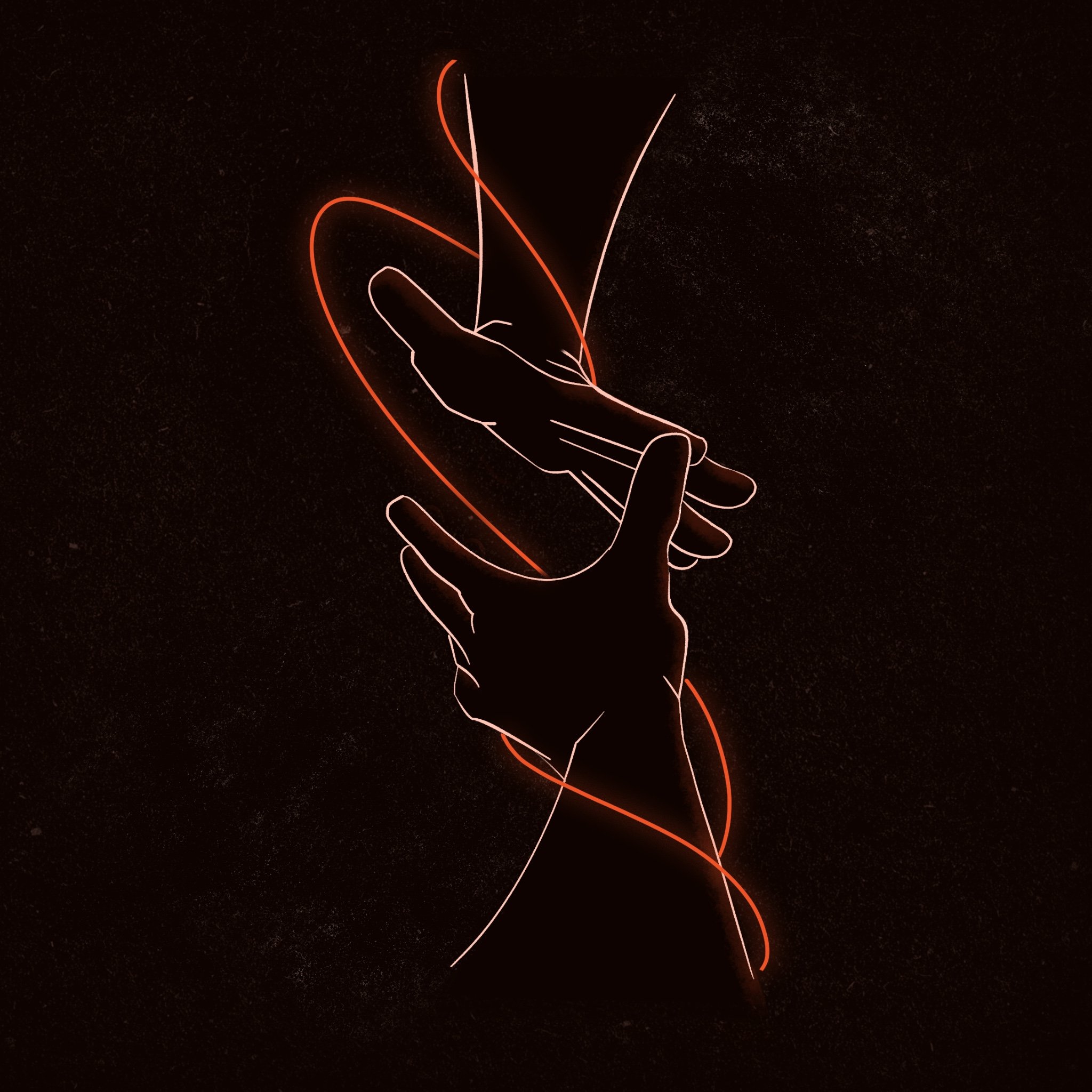A digital illustration of two hands barely touching, outlined with neon orange and white lines against a dark background, with glowing red and white lines flowing around them.
