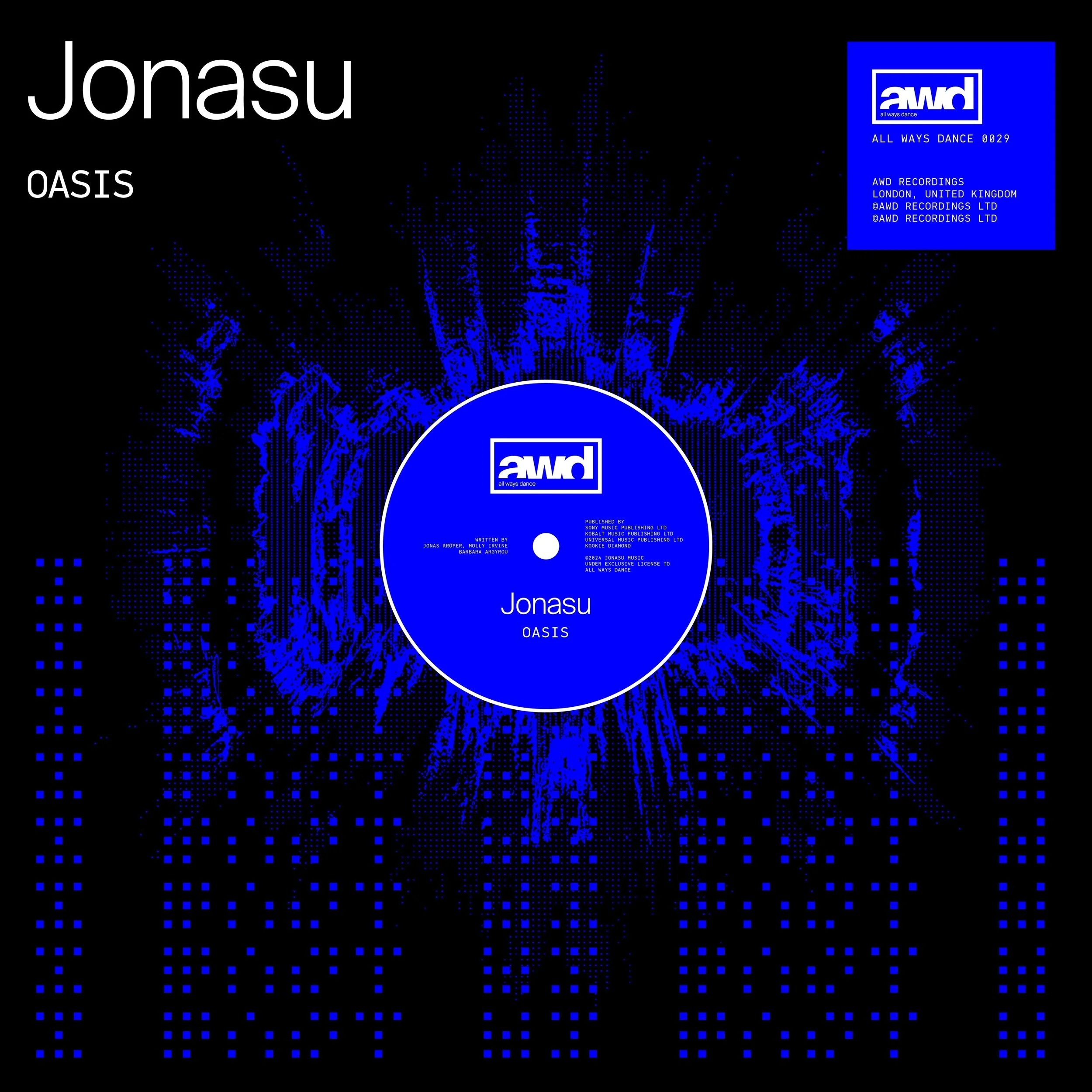 Music record sleeve featuring digital blue and black design with dots and lines, with text indicating artist Jonasu, track Oasis, label AWD, and copyright information.