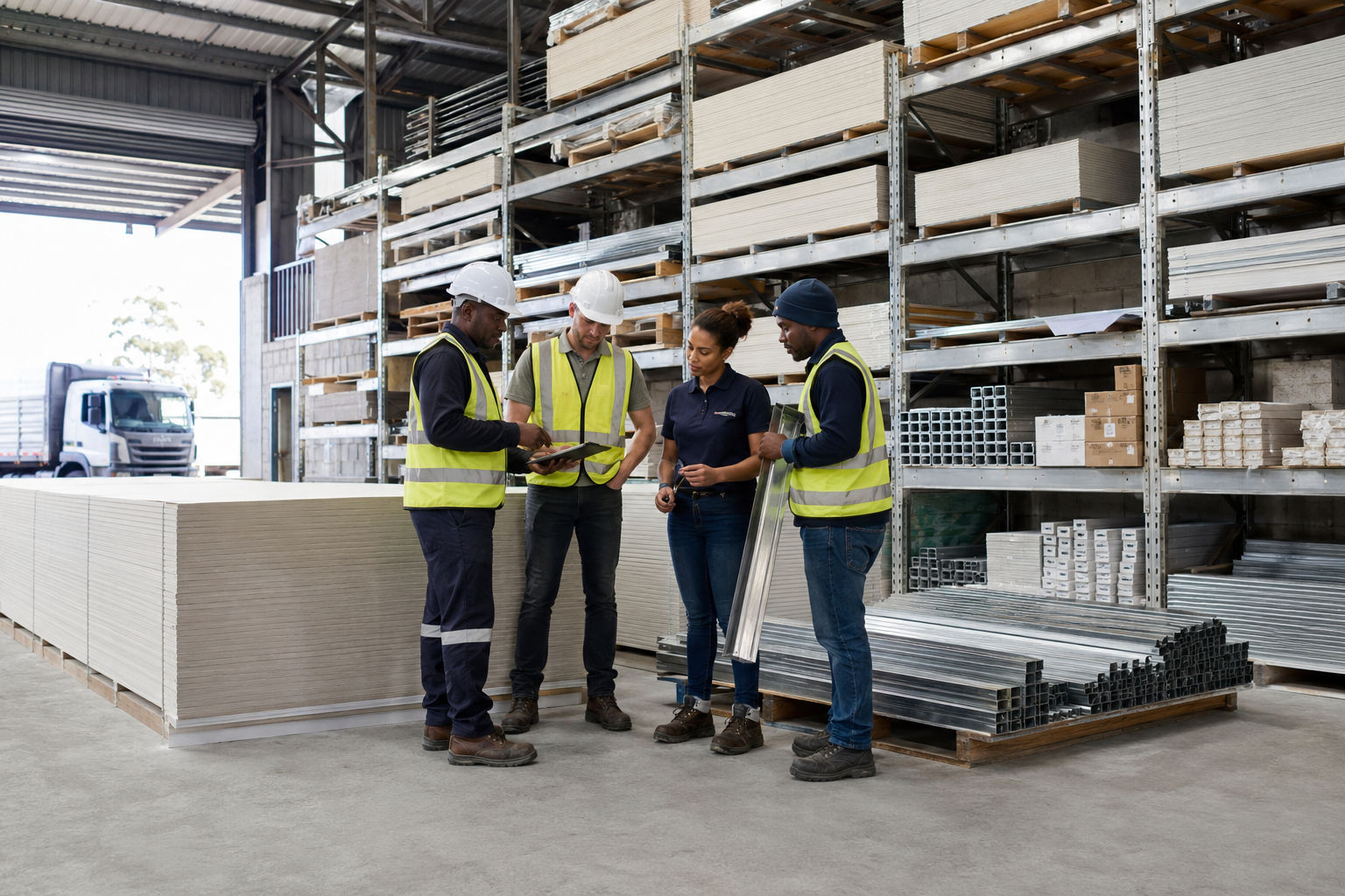 Drywall and ceiling materials stocked in an organised Southern African distribution warehouse
