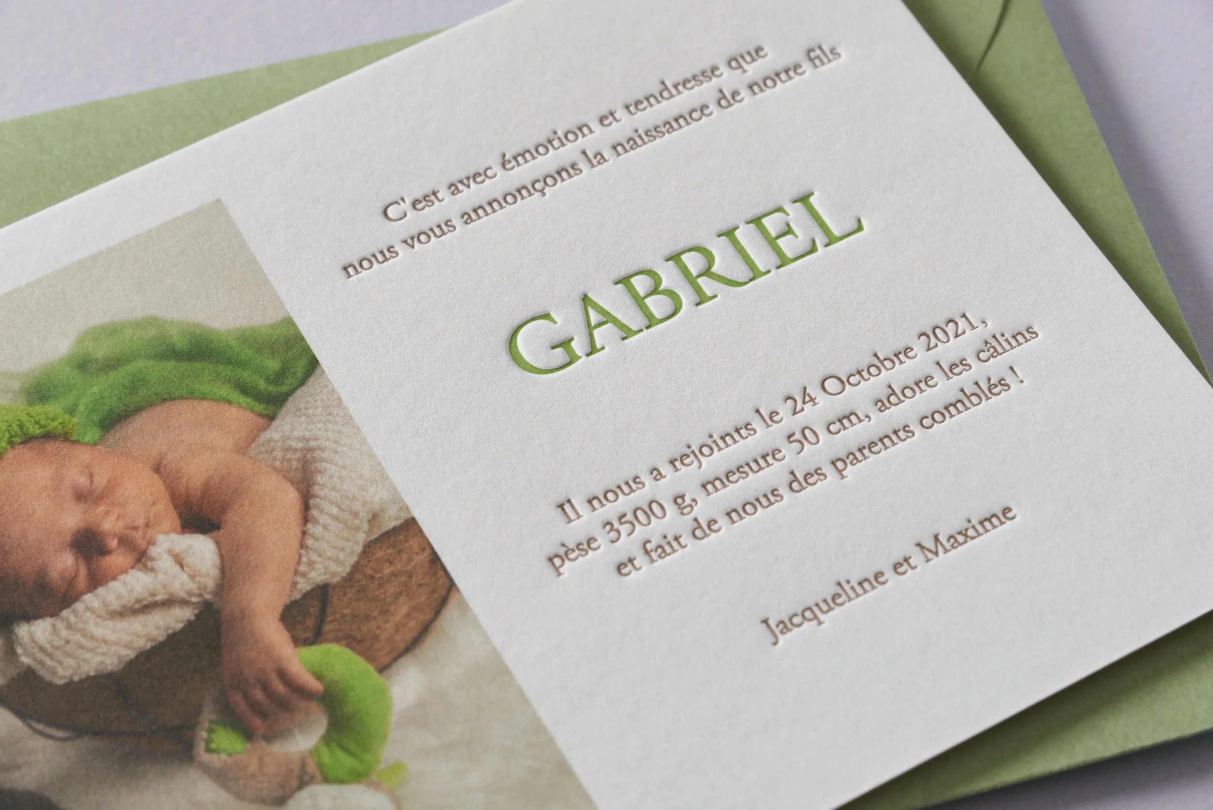Letterpress With Love, Letterpress Birth Announcement, Gabriel, details