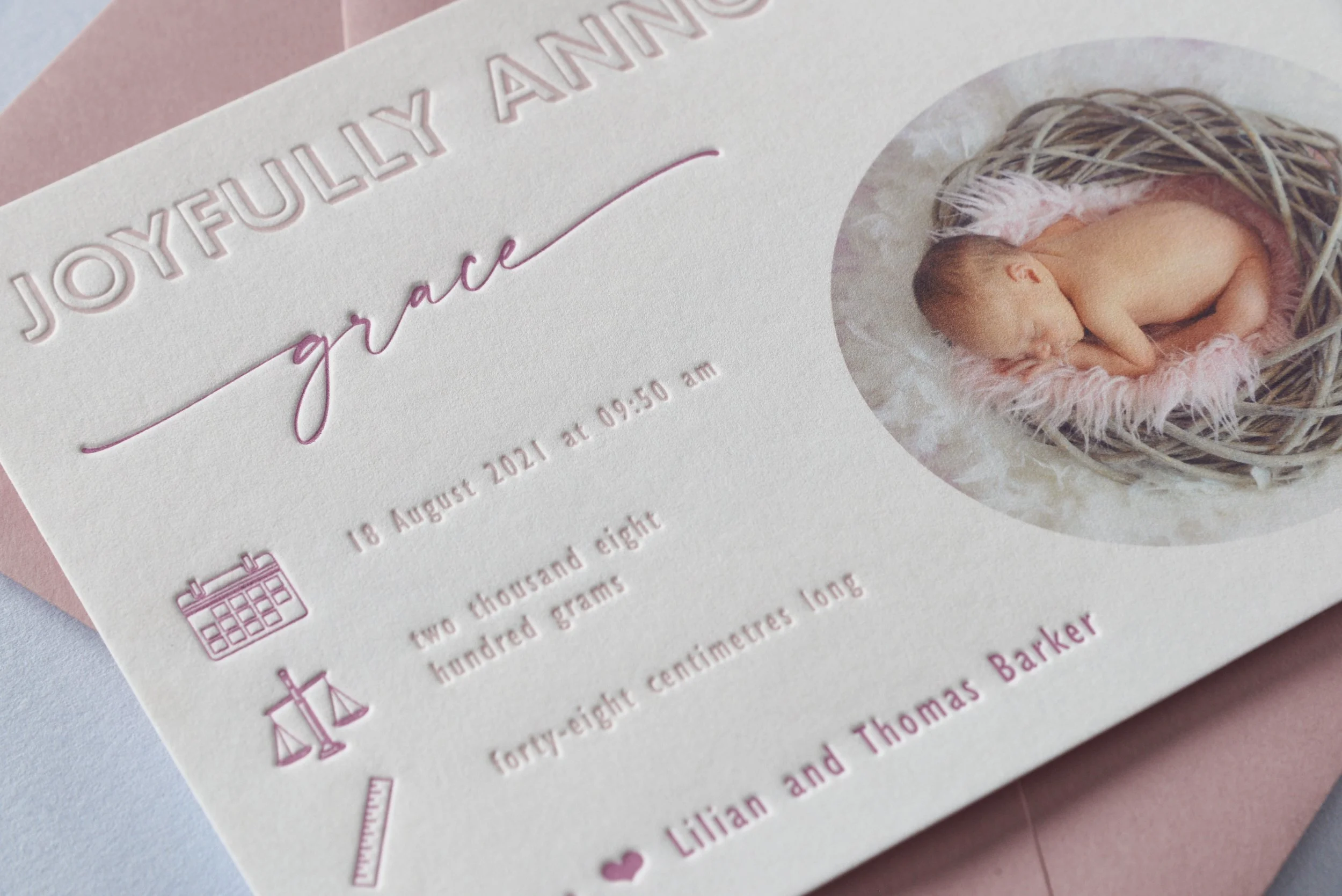 Letterpress With Love, Letterpress Birth Announcement, Grace, details