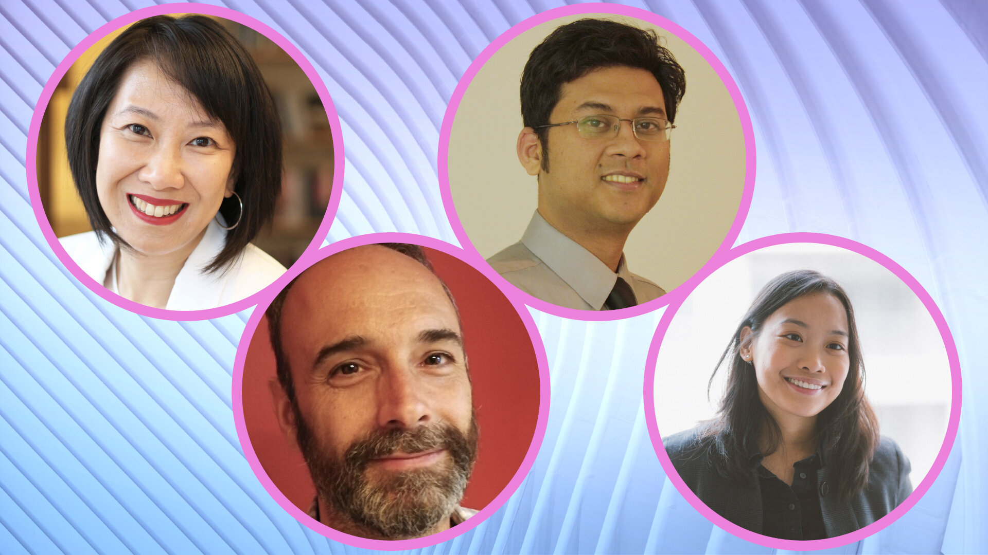 Four new SRI faculty fellows join the Schwartz Reisman Institute for 2021-23. L to R: Rosalie Wang (Dept. of Occupational Science and Occupational Therapy), Jason Plaks (Dept. of Psychology), Syed Ishtiaque Ahmed (Dept. of Computer Science), Anna Su (Faculty of Law).