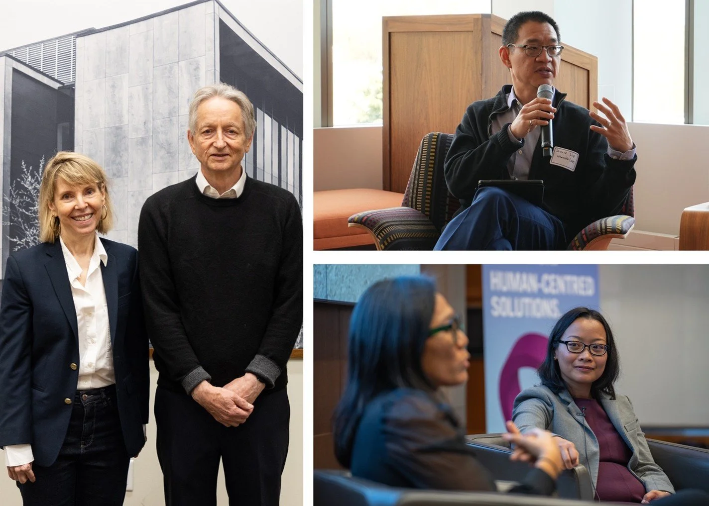 A collage of images show SRI leaders Sheila McIlraith, Geoffrey Hinton, David Lie, and Anna Su in a variety of speaking engagements