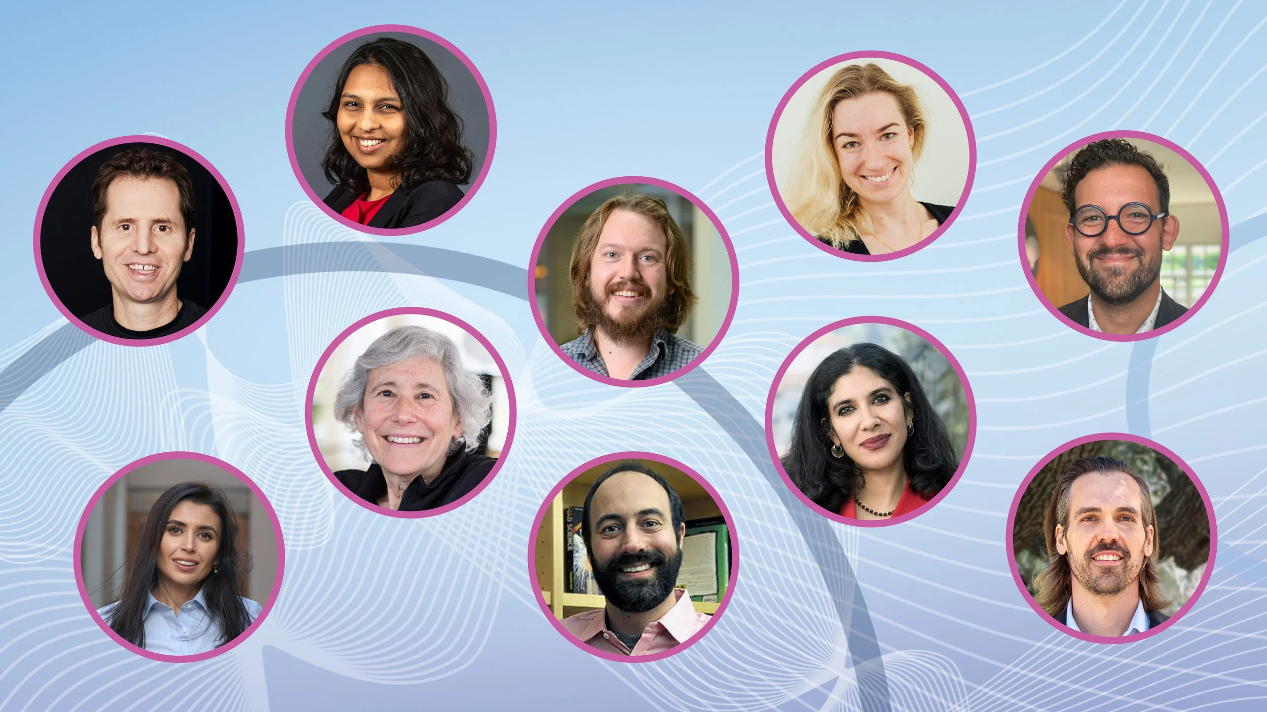 A banner images shows headshots of the 2025 SRI Seminar Series speakers, set in floating pink circles against an abstract blue background of lines and waves.