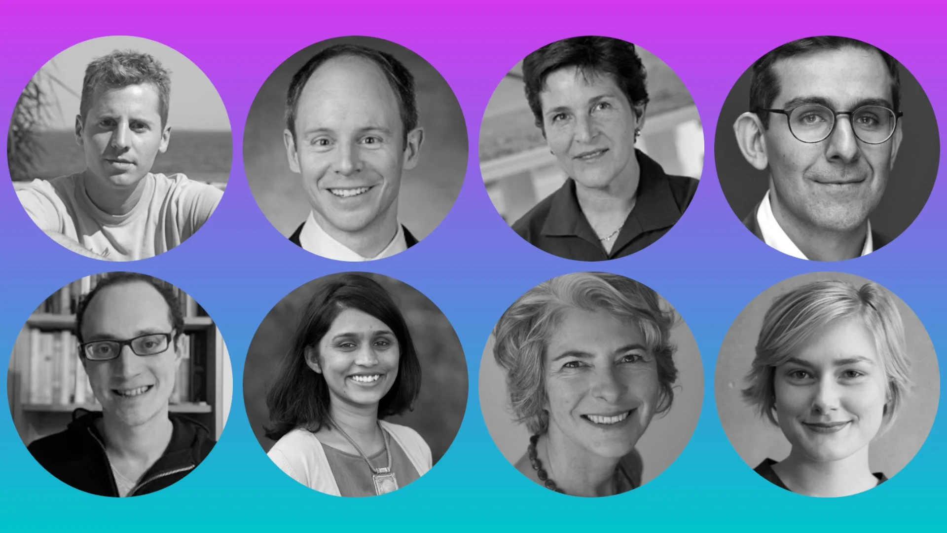 Eight headshots of featured speakers.