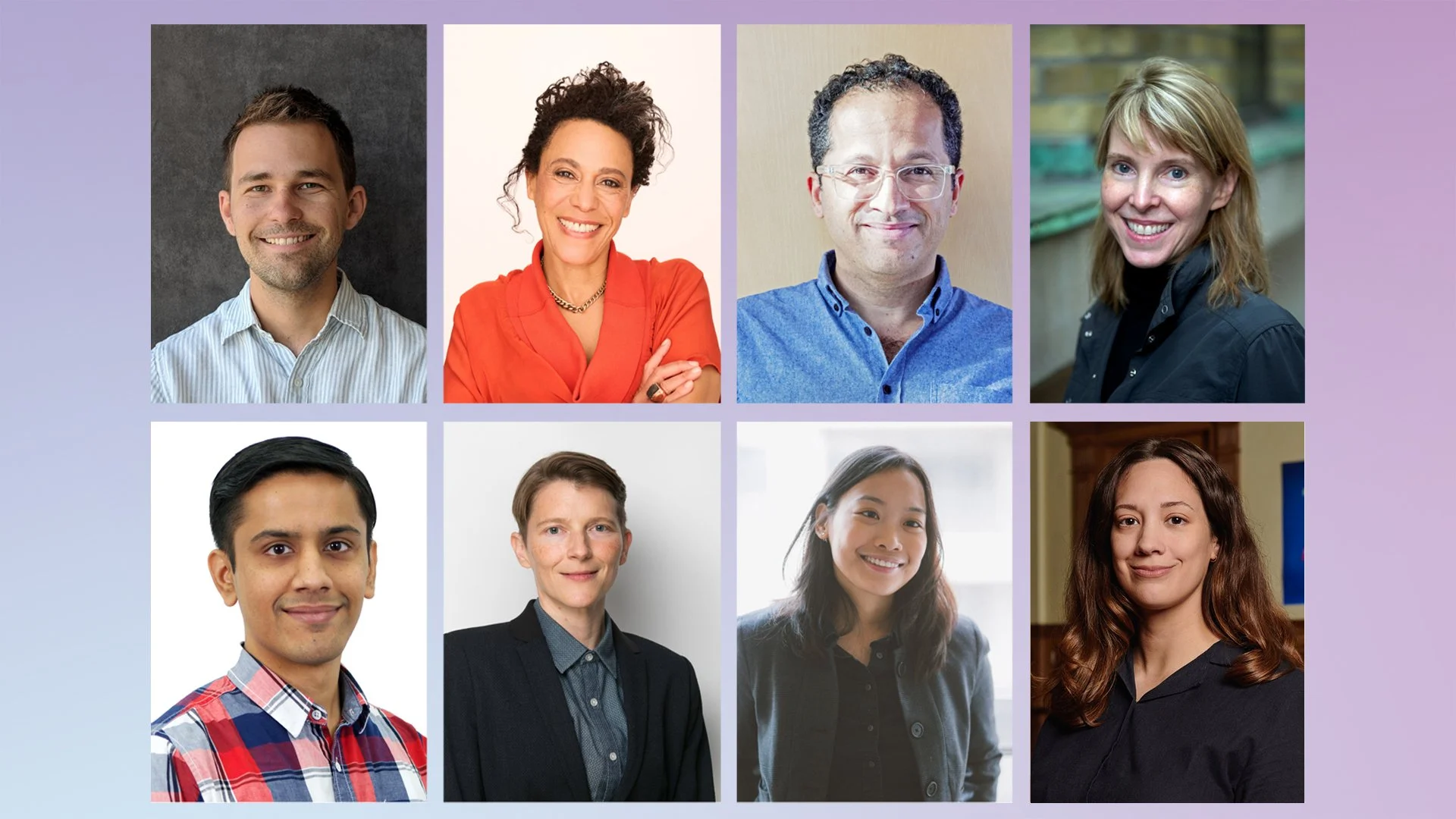 A collage shows eight headshots of SRI research leads arranged in two rows of four.