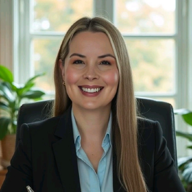 A woman with long blonde hair in a business suit sitting in an office with large windows and potted plants, smiling at the camera.