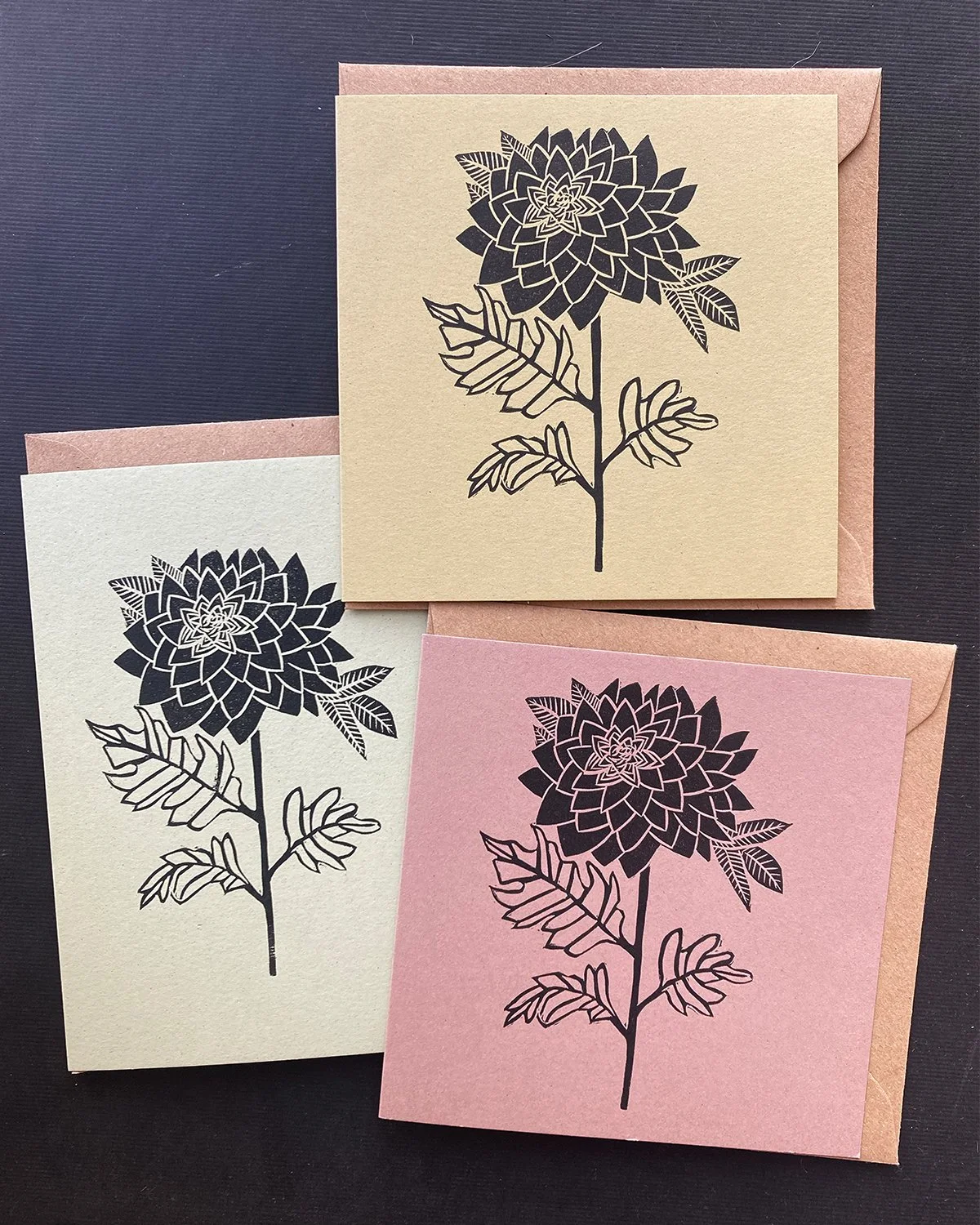 Dahlia linoprinted card