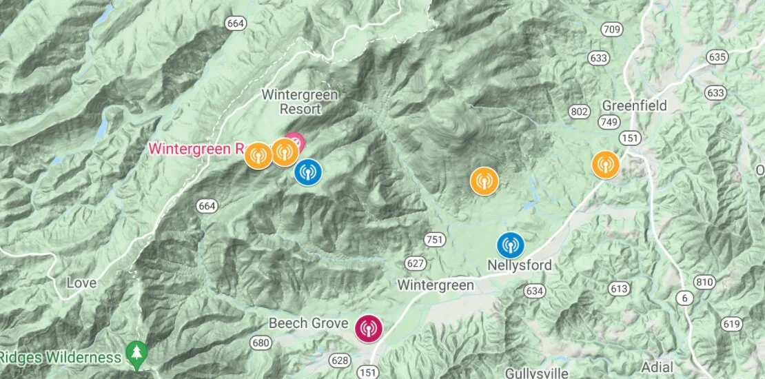 Map of cell towers at Wintergreen