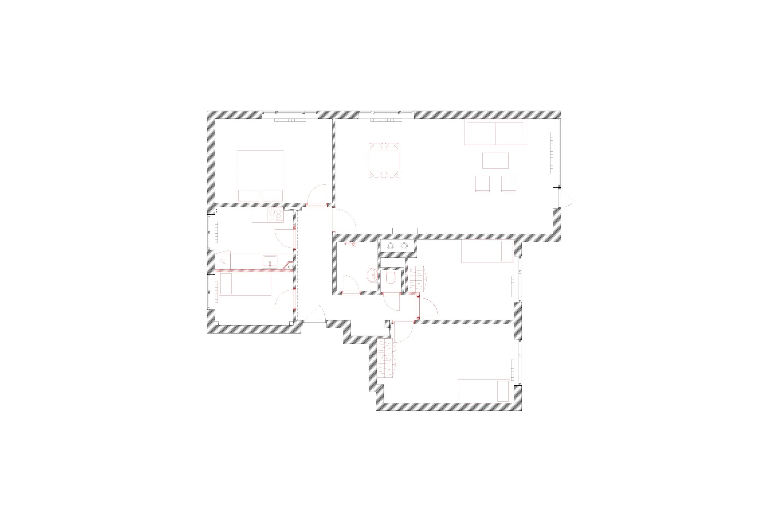Riveplan for Harald Hårfagres gate, med eksisterende vegger og elementer som fjernes markert i rødt.