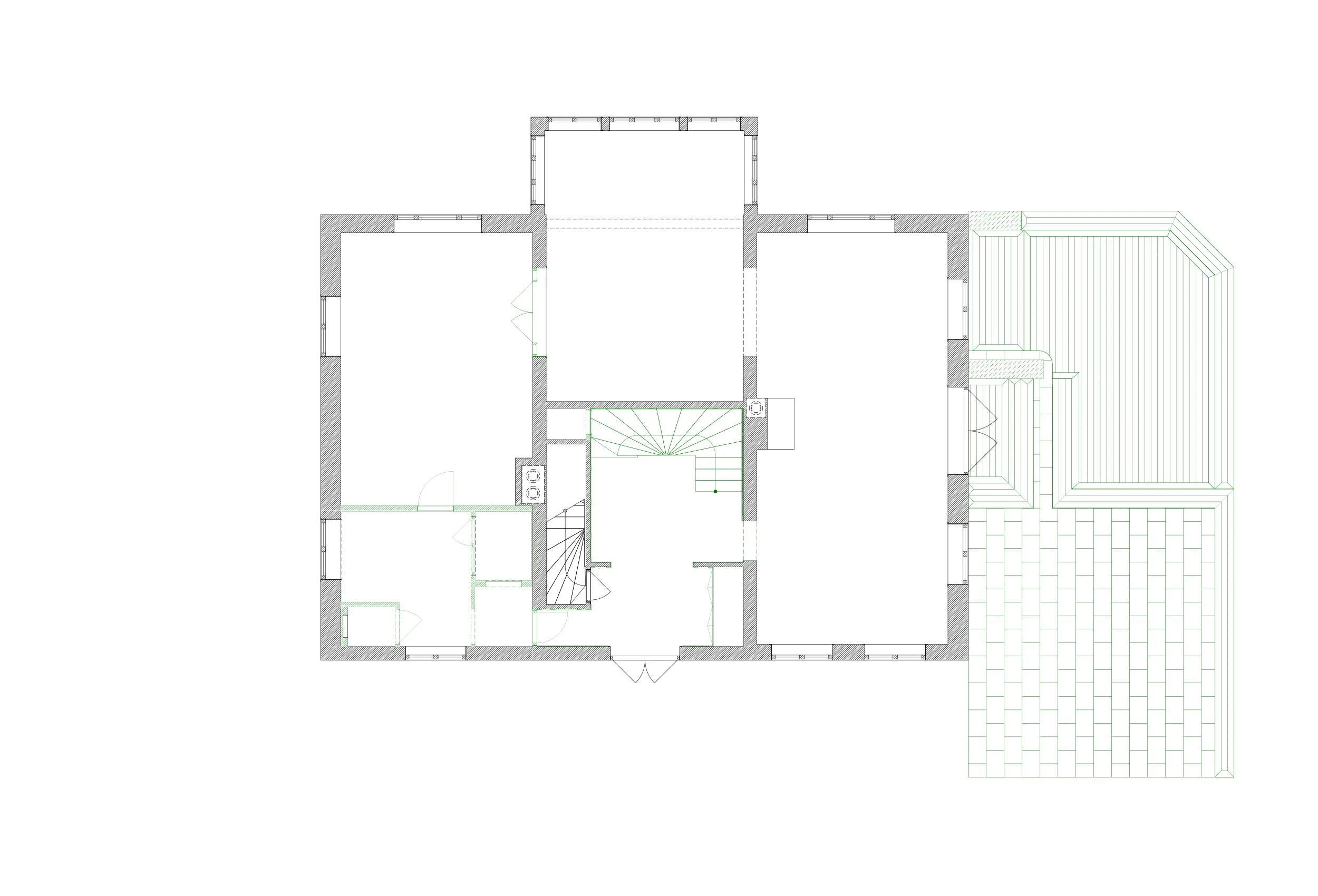 Ny plan for første etasje i Apalveien, med nye vegger og forbindelser markert i grønt.