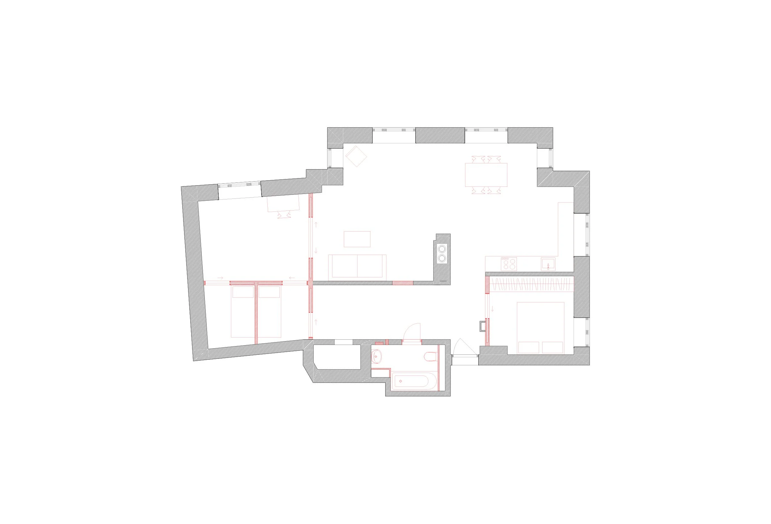 Riveplan for Armauer Hansens gate, med eksisterende lettvegger og innredning som fjernes markert i rødt.