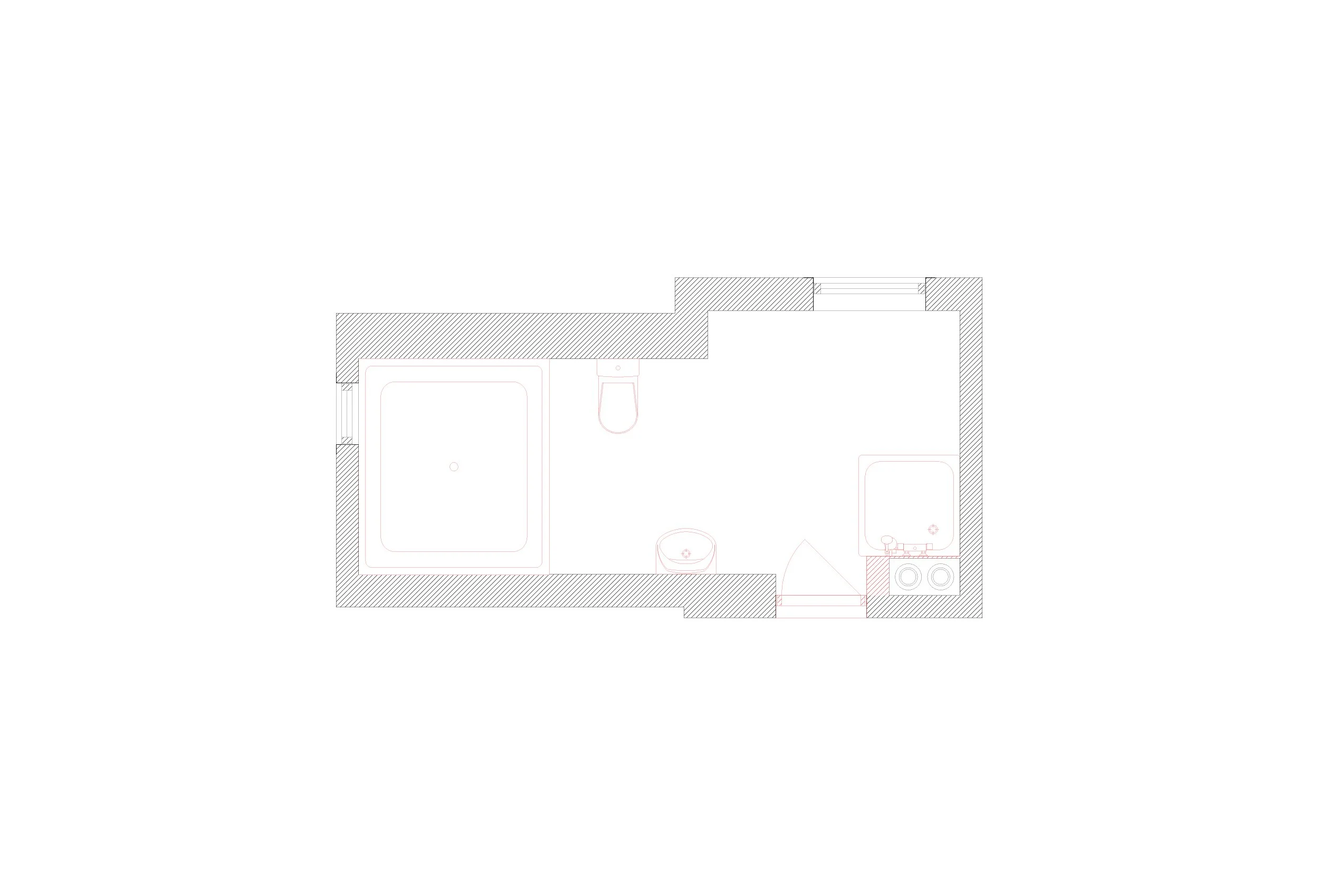 Riveplan for badet i Geitmyrsveien, med eksisterende interiør som fjernes markert i rødt.
