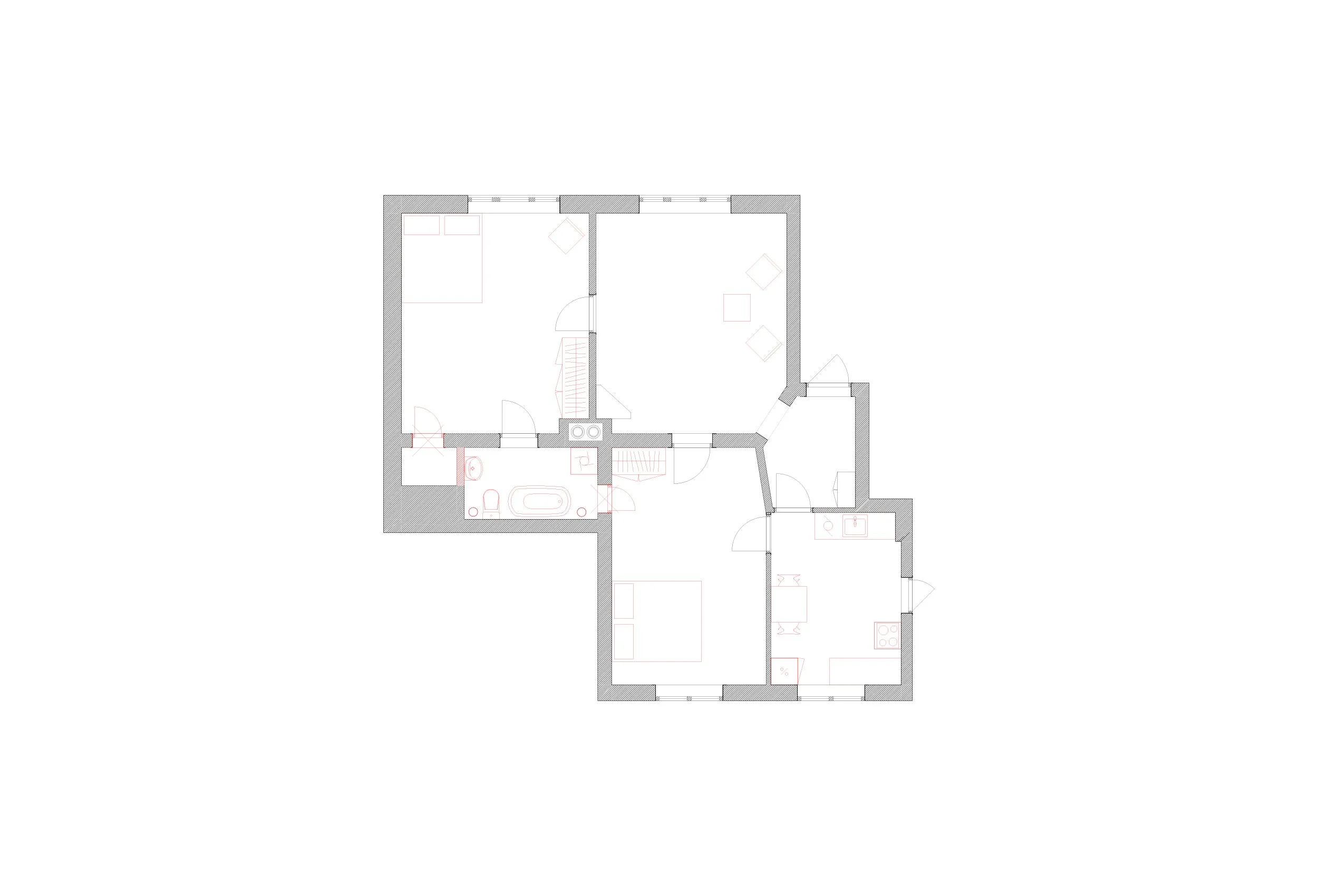 Riveplan for Geitmyrsveien, med eksisterende vegger og funksjoner som endres markert i rødt.