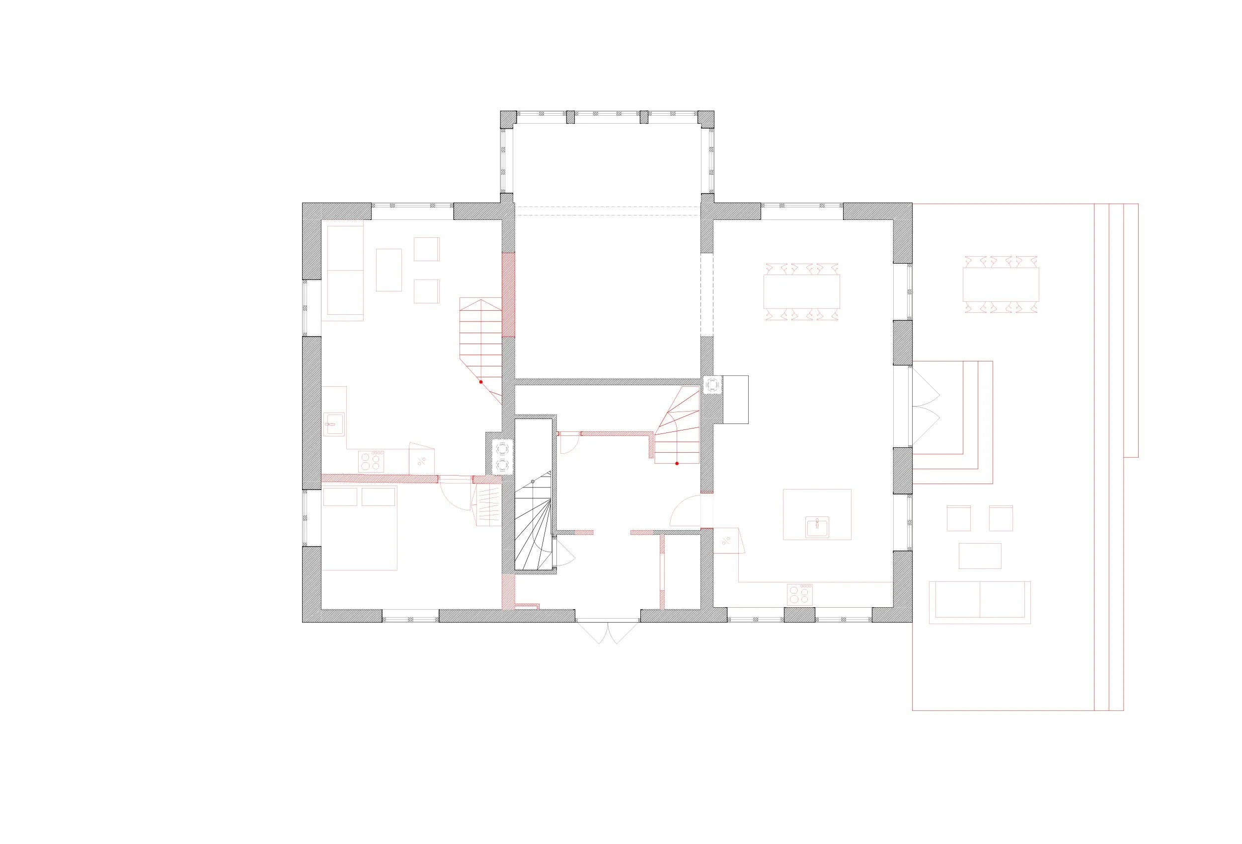 Riveplan for første etasje i Apalveien, med eksisterende konstruksjoner som fjernes markert i rødt.