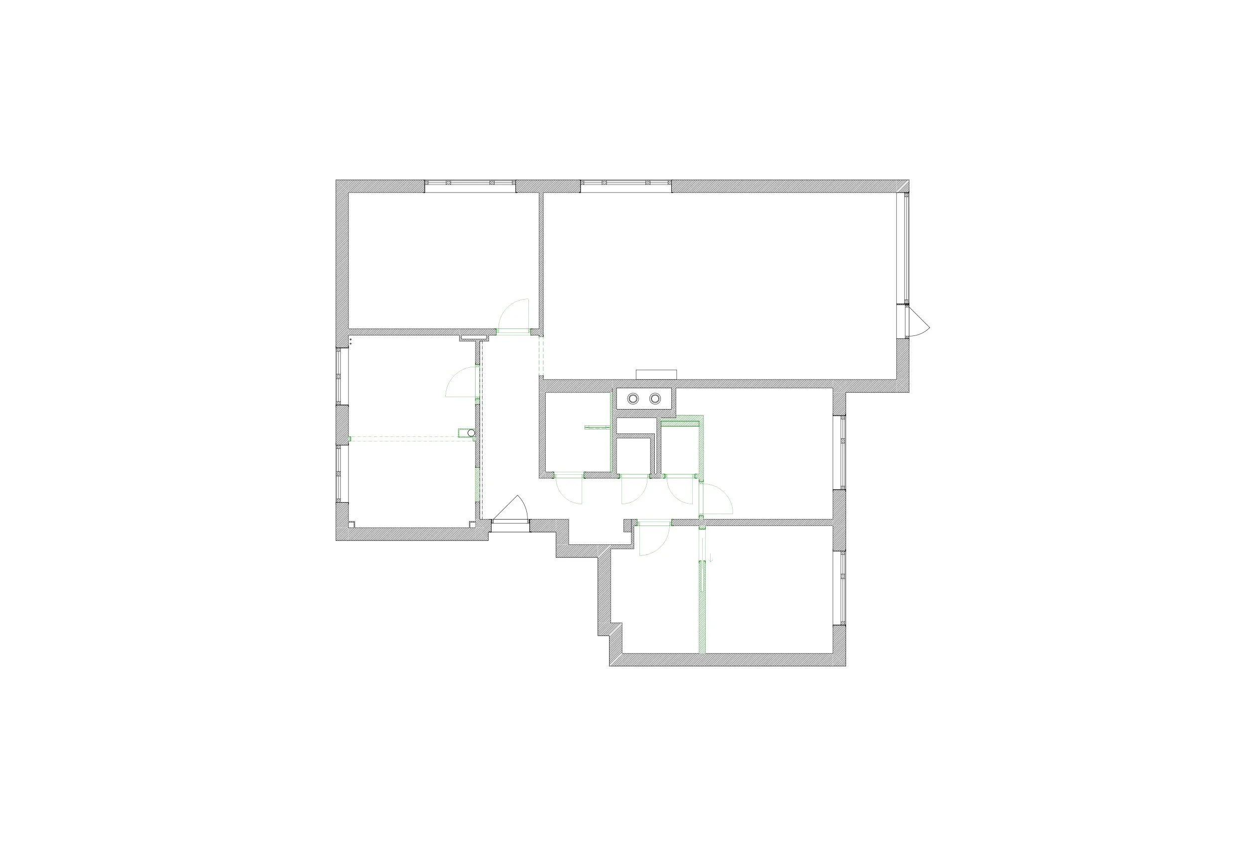 Ny plan for Harald Hårfagres gate, med nye vegger og reorganiserte funksjoner markert i grønt.