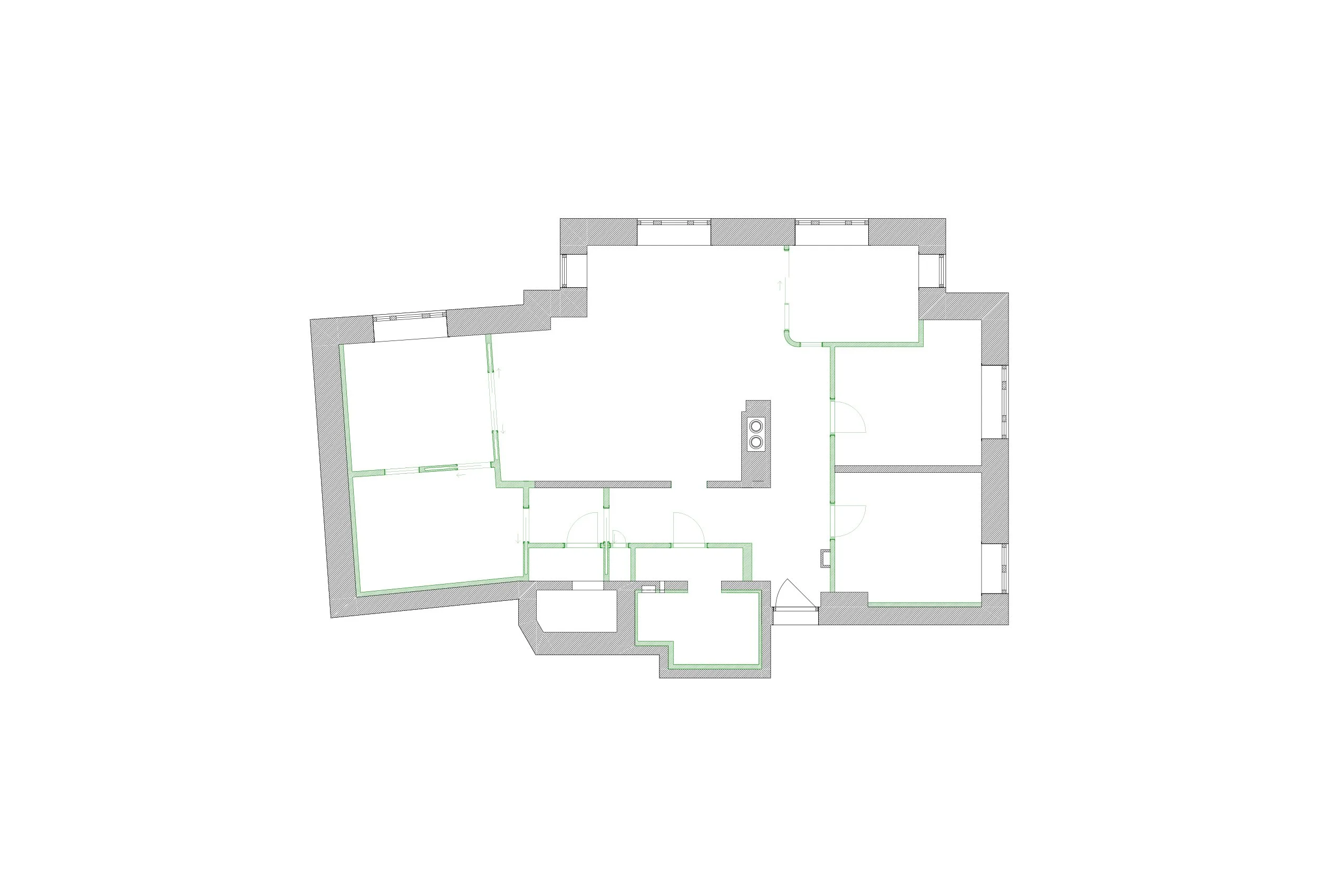 Ny plan for Armauer Hansens gate, med tre soverom, større bad og nye vegger markert i grønt.