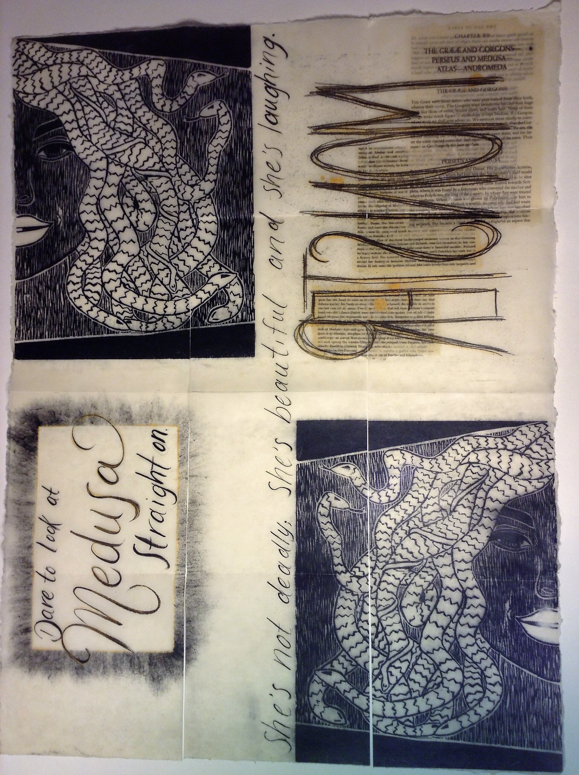 Medusa open book - Lino-cut print, book pages, ink, and acrylic on waxed mulberry paper.