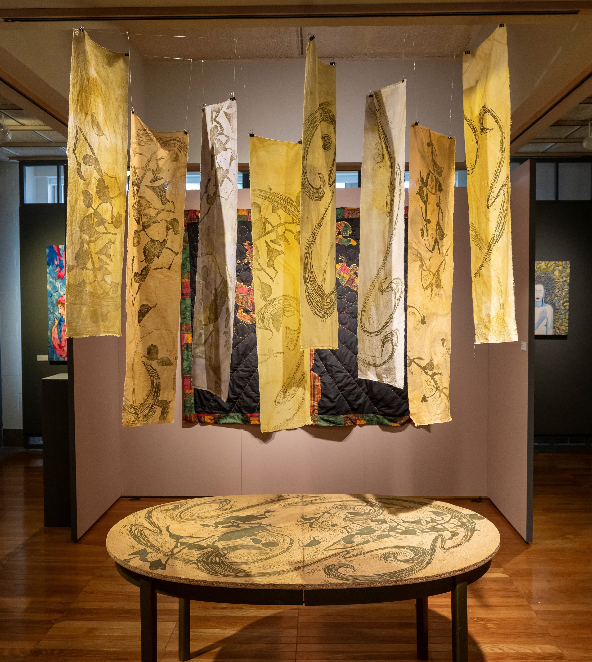 The Holy Swirl. Woodblock print table, printed on naturally dyed cotton scarves.