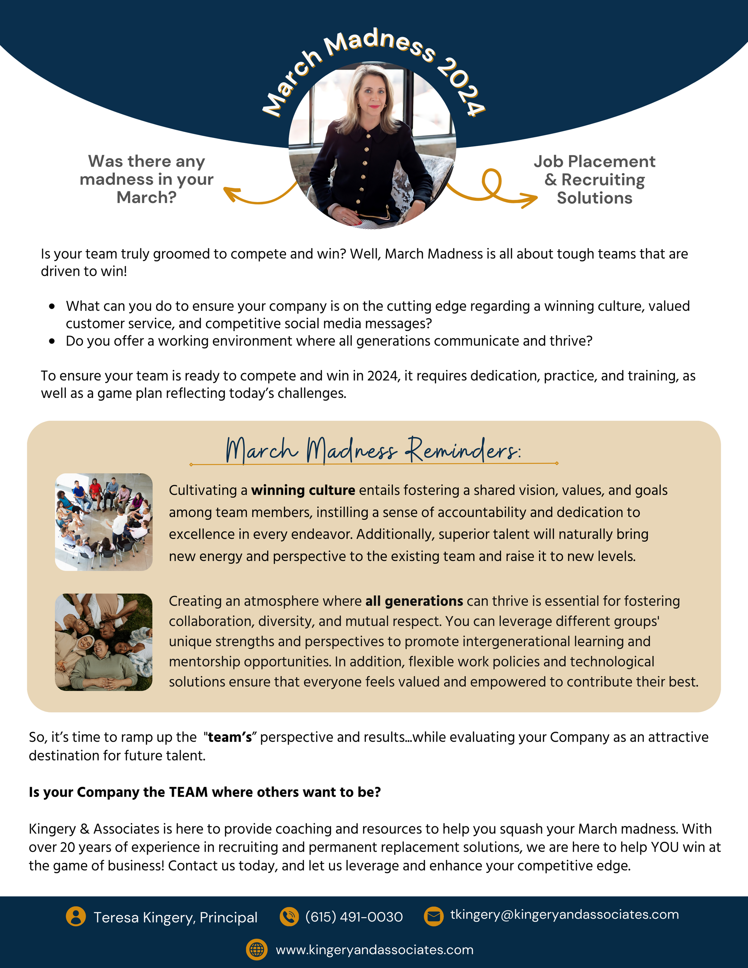 Flyer for March Madness 2024 event hosted by Kingery & Associates, featuring a photo of a woman with blonde hair in a black jacket, sitting indoors near a window. The flyer emphasizes team culture, diversity, and recruitment solutions, with contact information at the bottom.