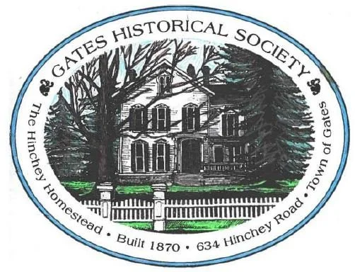 Seal of Gates Historical Society featuring a historic house, trees, a white picket fence, and text with house details and address.