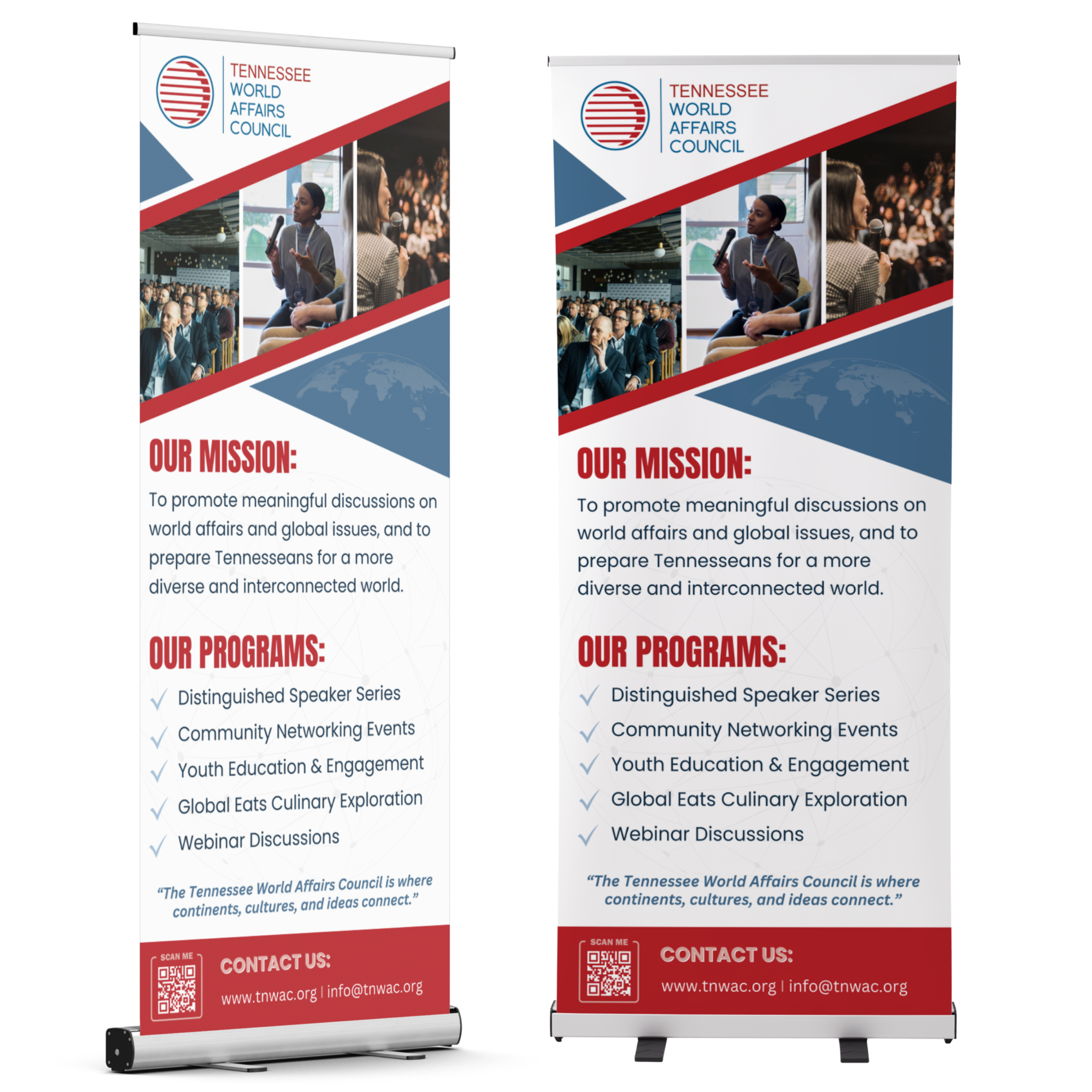 Two vertical banners for the Tennessee World Affairs Council displaying their mission, programs, a quote, and contact information with a collage of images of people in discussion and a globe graphic.