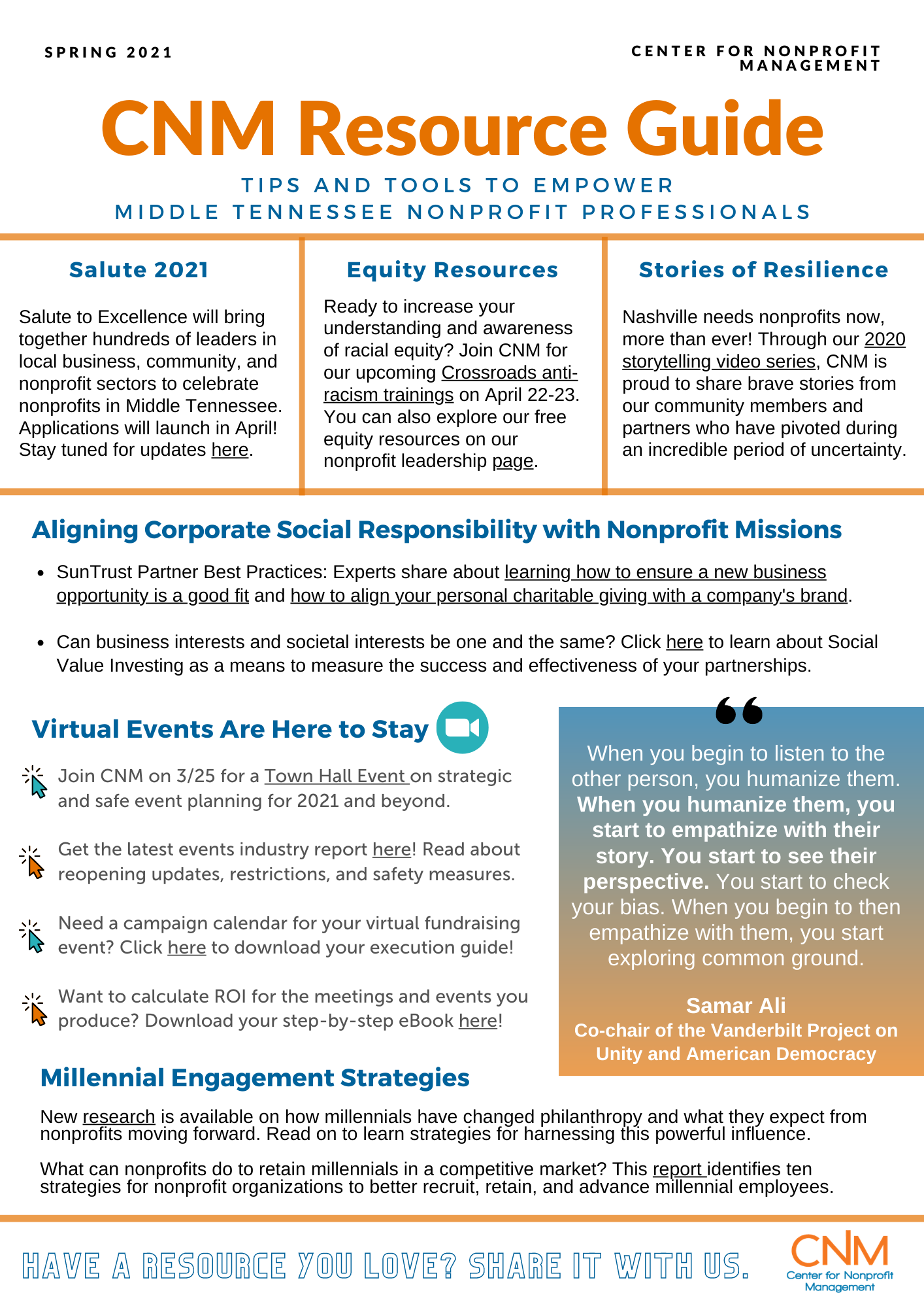 CNM Resource Guide, Spring 2021, designed for nonprofit professionals in Middle Tennessee. Contains sections on Salut 2021, Equity Resources, Stories of Resilience, aligning corporate social responsibility with nonprofit missions, virtual events, millennial engagement strategies, and a quote about listening and empathy.