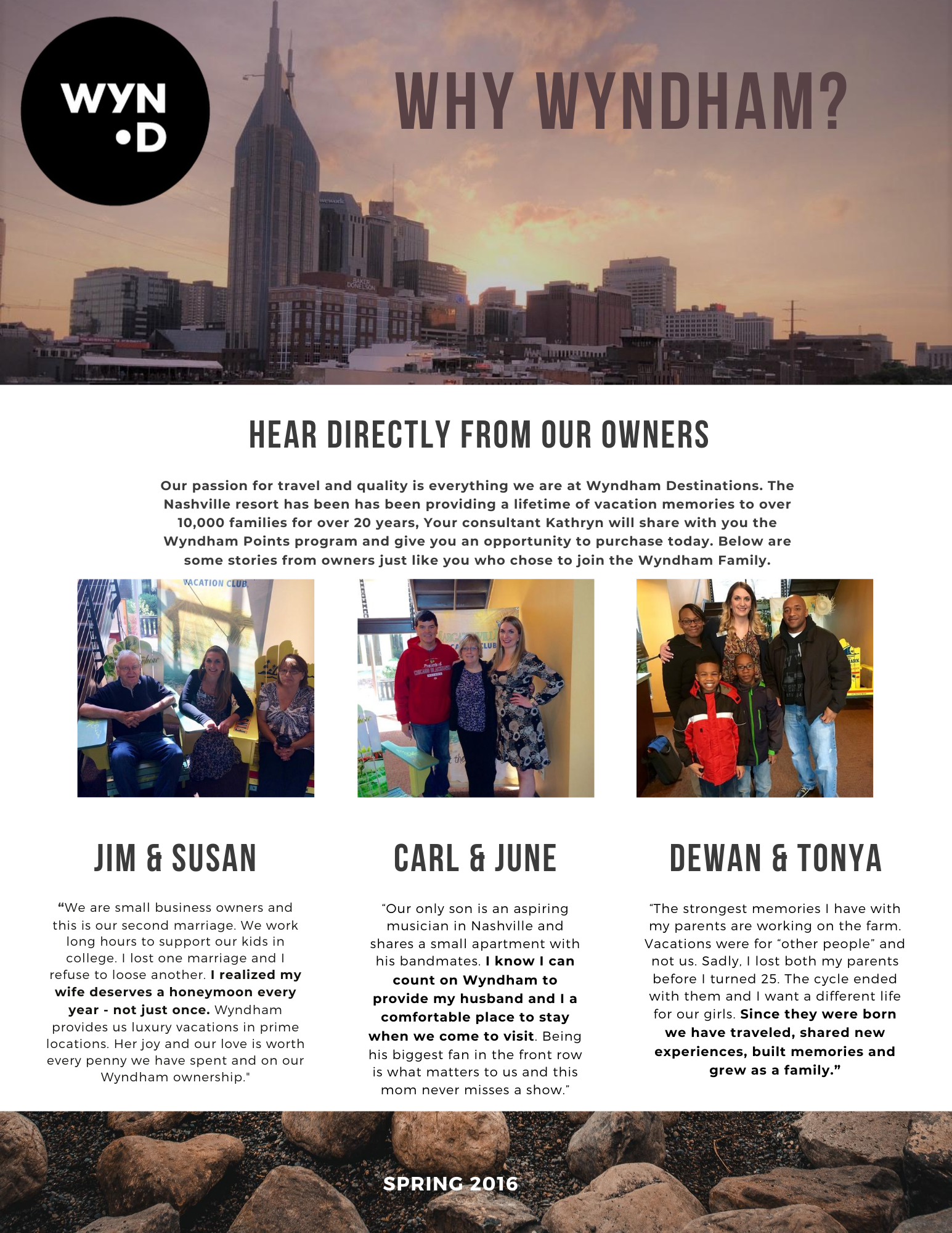 A promotional flyer for Wyndham Destinations featuring a city skyline at sunset, with the Wyndham logo and the headline 'Why Wyndham?'. The flyer includes photos of several families sharing their stories and quotes about their Wyndham vacations, with headings 'Jim & Susan,' 'Carl & June,' and 'Dewan & Tonya,' and a footer indicating 'Spring 2016.'